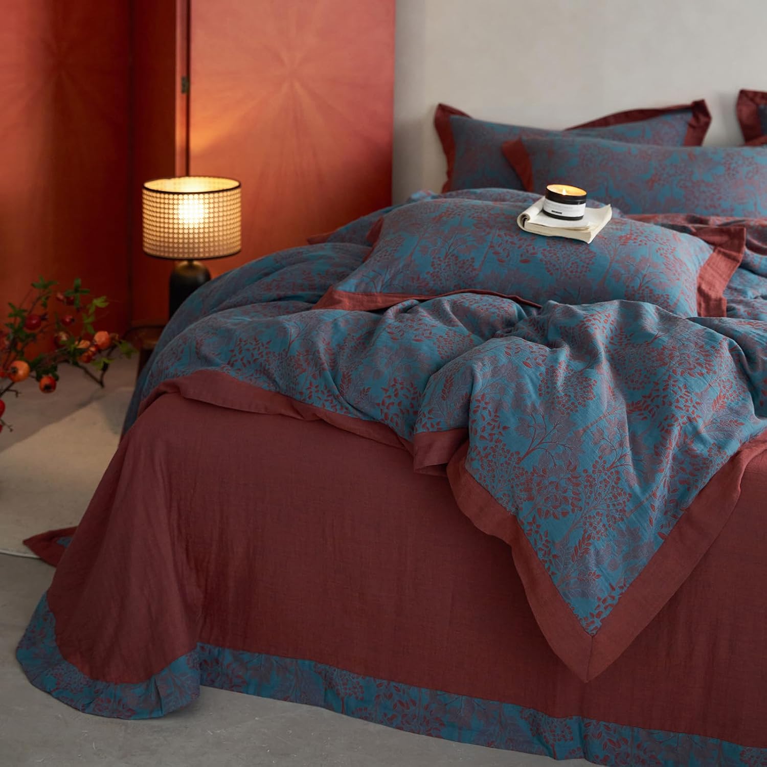 AOJIM Forest Themed Duvet Cover Set 3pcs for Room Decor, 100% Cotton Yarn-Dyed Jacquard Soft Bedding Comforter Cover Full Size and 2 Pillowcases, Lightweight Breathable and Machine Washable, Blue-Red