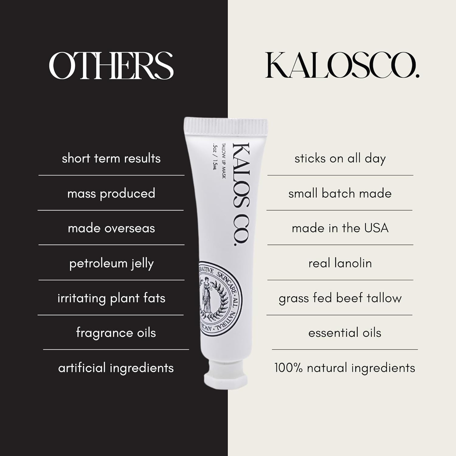 KALOS CO Tallow Vanilla Lip Mask with Grass Fed Beef Tallow for skin and lips, Best Lip Balm For severly chapped lips lanolin and tallow balm all natural lip mask (15ml, Vanilla)