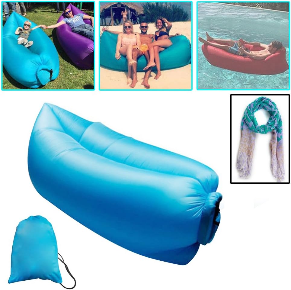 Inflatable Beach Lounger, 4 Stones Nylon Fabric Inflatable Sleeping Bags Outdoor Indoor Convenient Compression Air Bag Hangout Bean Bag Portable Chair Mattresses (Blue) with FREE SCARF