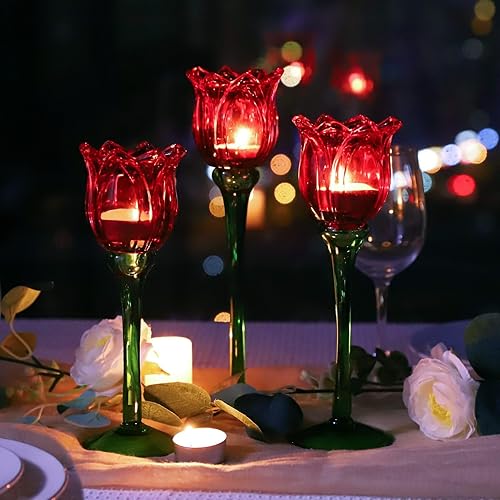 Miniatura 6 de VOHO Portavelas de tulipanes rojos, regalos para aniversario, portavelas rojo para Navidad, vacaciones, San Valentín, portavelas de té de tulipán,