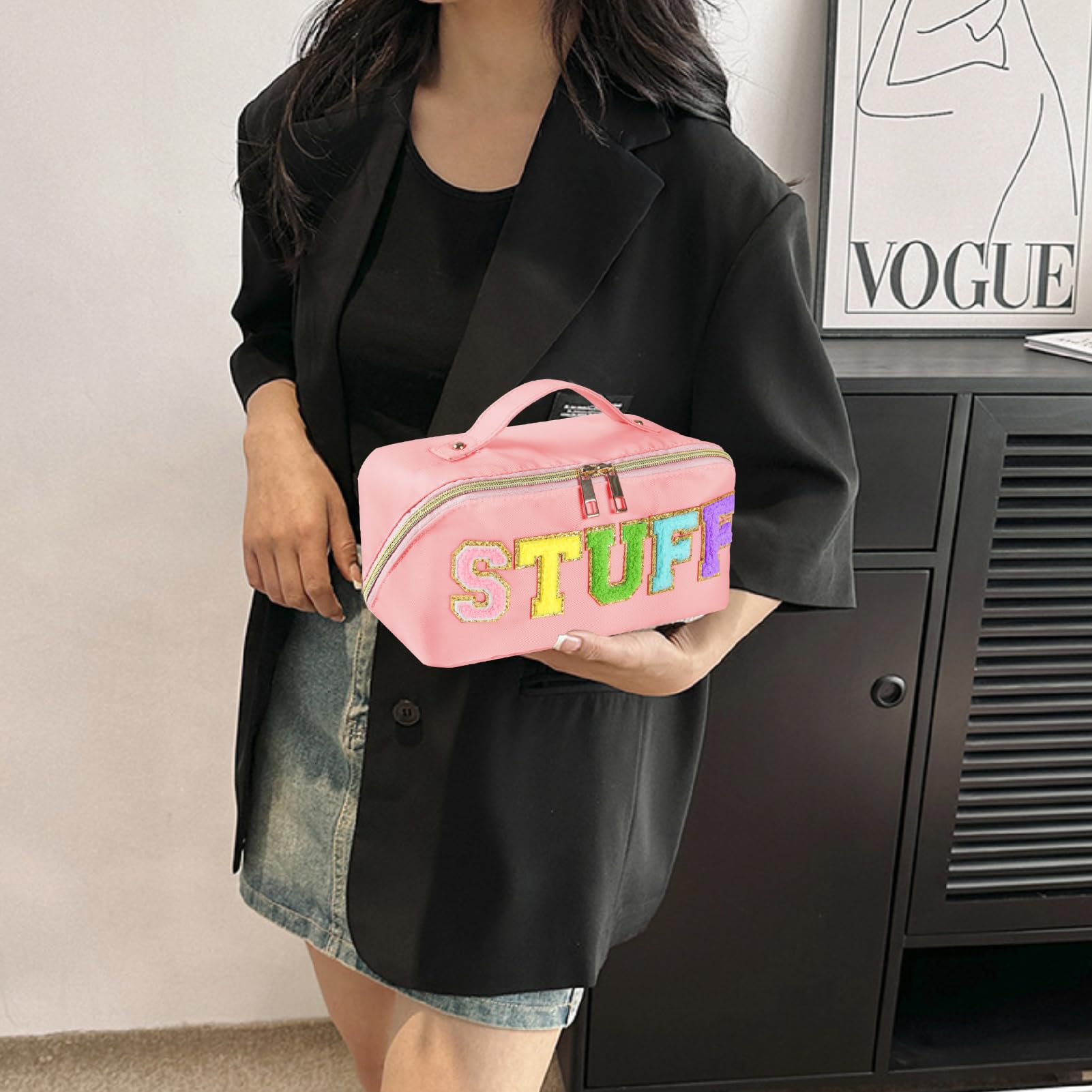 Huifen 2pcs Preppy Makeup Bag, Stoney Clover Travel Toiletry Pouch Chenille Letter Make Up Bags Girls Cute Cosmetic Bag Wedding Birthday Mothers Day Gifts for Women Stuff Bag (Pink)