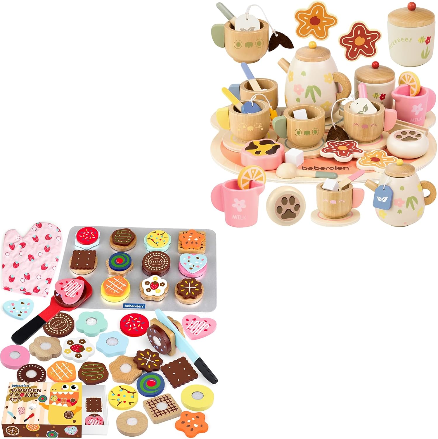 Wooden Tea Sets for Toddlers 3-5 and Wooden Cookie Play Food Set Toy