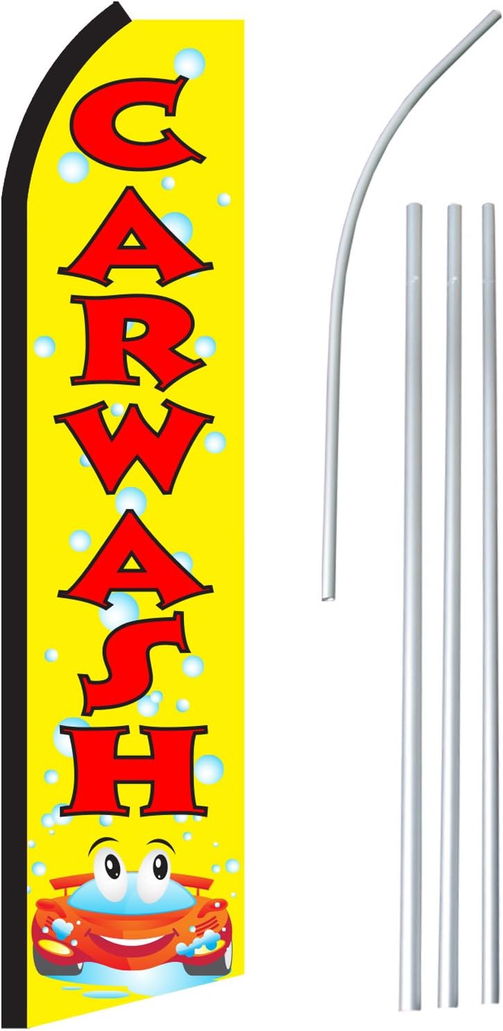 NEOPlex - "Carwash Car & Bubbles" - Floppy Flappy Flutter Flag and Pole Set - Includes 12-Foot NEOPlex Feather Flag with 15-Foot Aluminum Pole (no Mount)