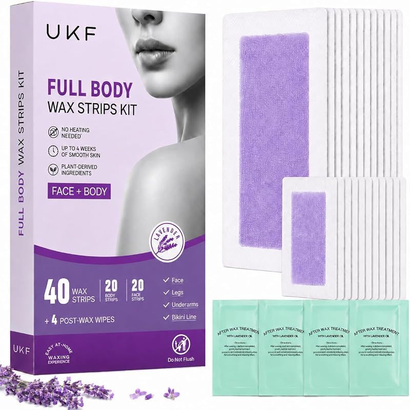 Tiras de cera UKF para rosto e corpo, kit com 40 unidades e 4 lenços