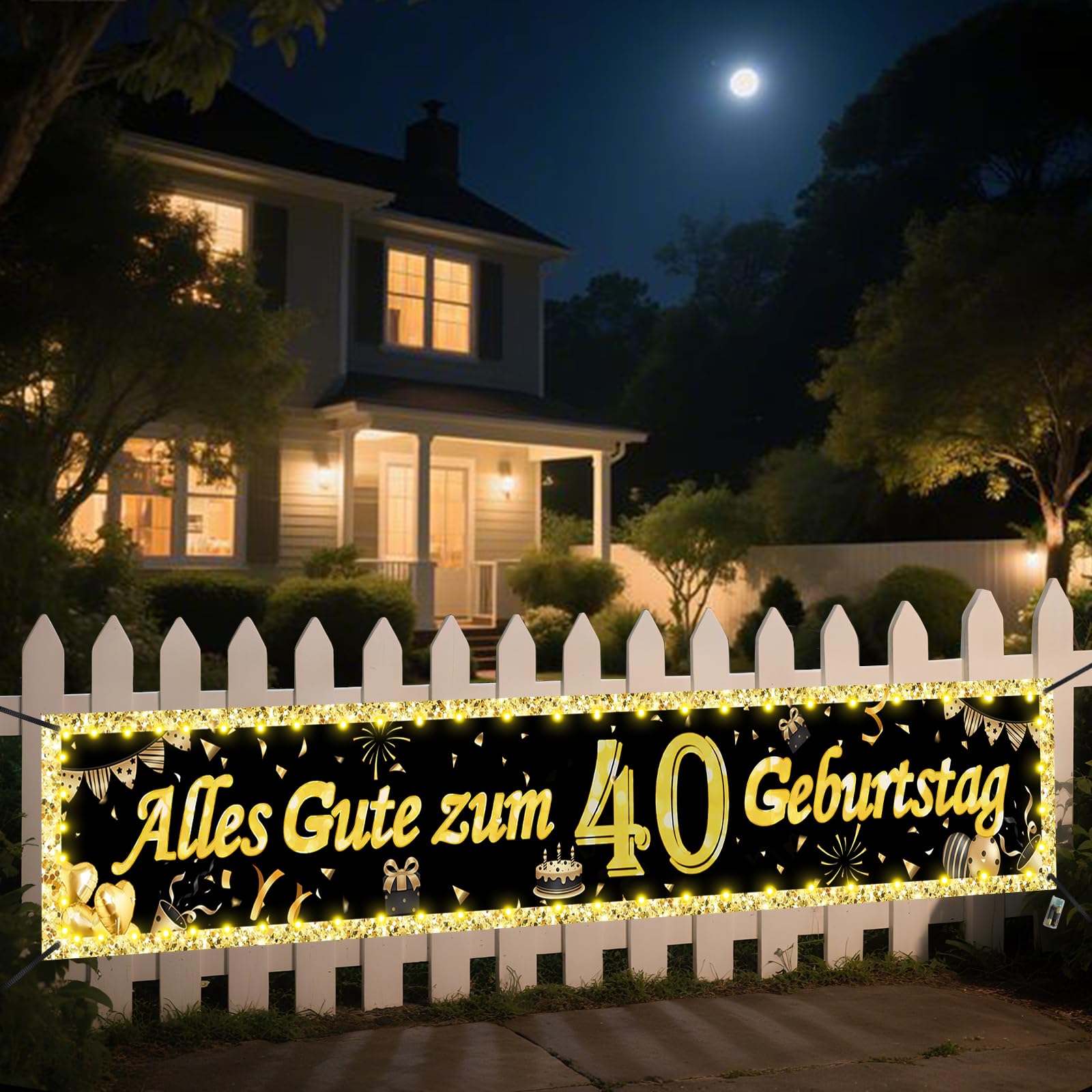 Seutgjie Deko Banners mit LED Lichtband für Frauen Männer 40 * 270CM Hintergrund Dekoration Gold Schwarz