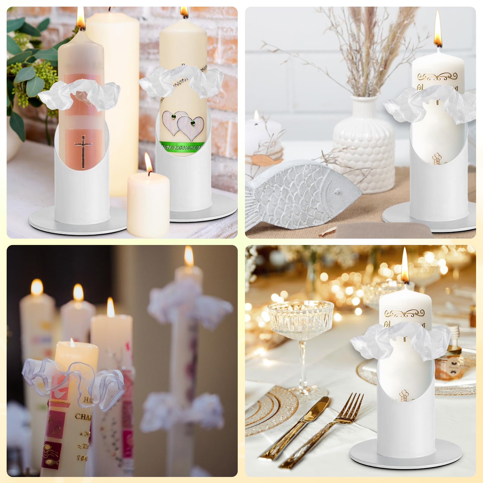 Kerzenständer Kommunionkerze 4cm, 2 Stück kerzenhalter kommunionkerze mit 2 Tropfschutz Kommunion Deko, kommunionkerze ständer, Taufkerzenständer für Taufe, Kommunion Festlichkeiten Weiß
