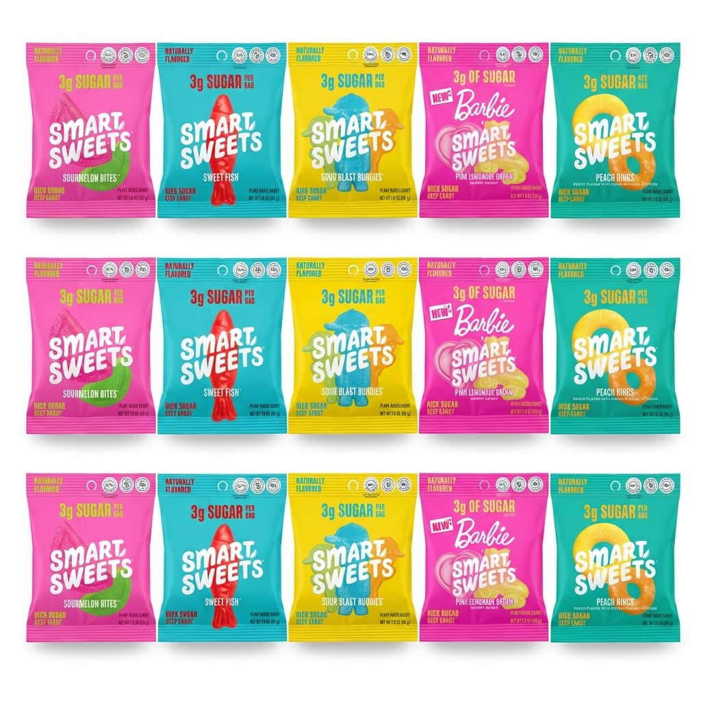 SmartSweets Candy Variety Pack – 15 Pack, Five Flavors – Peach Rings, Sour Blast Buddies, Sourmelon Bites, Sweet Fish, Pink Lemonade (Barbie Edition) – Low Sugar Gummy Candy, Individually Wrapped Snack Packs
