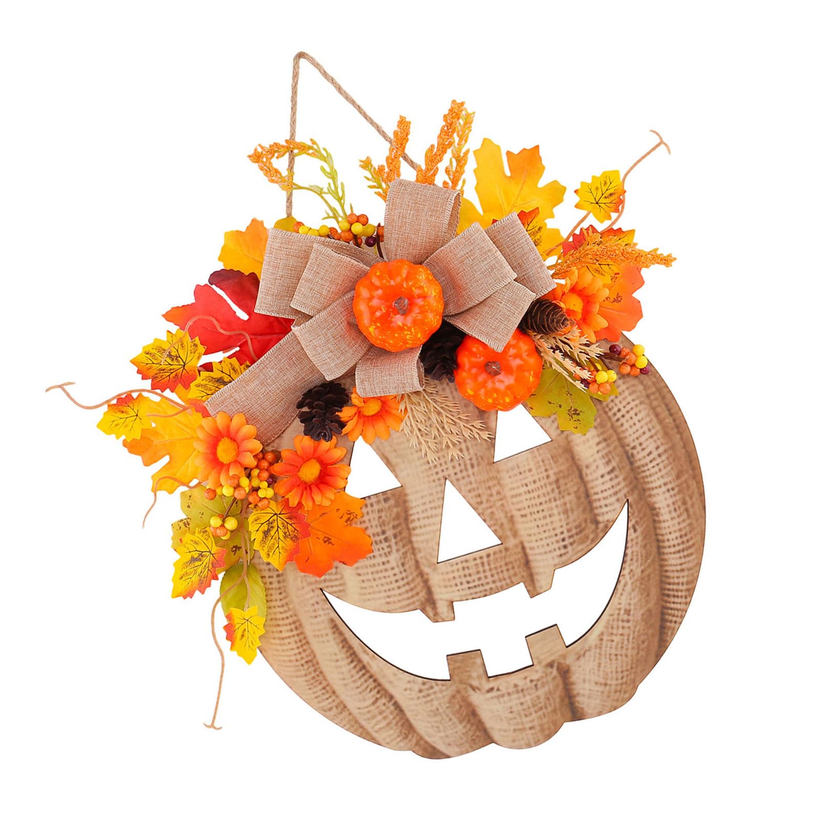 Fall Floral Pumpkin Door Hanger Wooden Sign with Burlap Ribbon, Branch Sprigs and Small Pumpkin Accents for Halloween Entryway Wall Decor Halloween Door Hanger Fall Decor Wooden Sign Burlap Ribbon