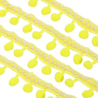 sourcing map Cinta bordada con pompones, flecos de poliéster de 20 yardas, ribete de bordado tejido para manualidades, decoración de ropa, color amarillo