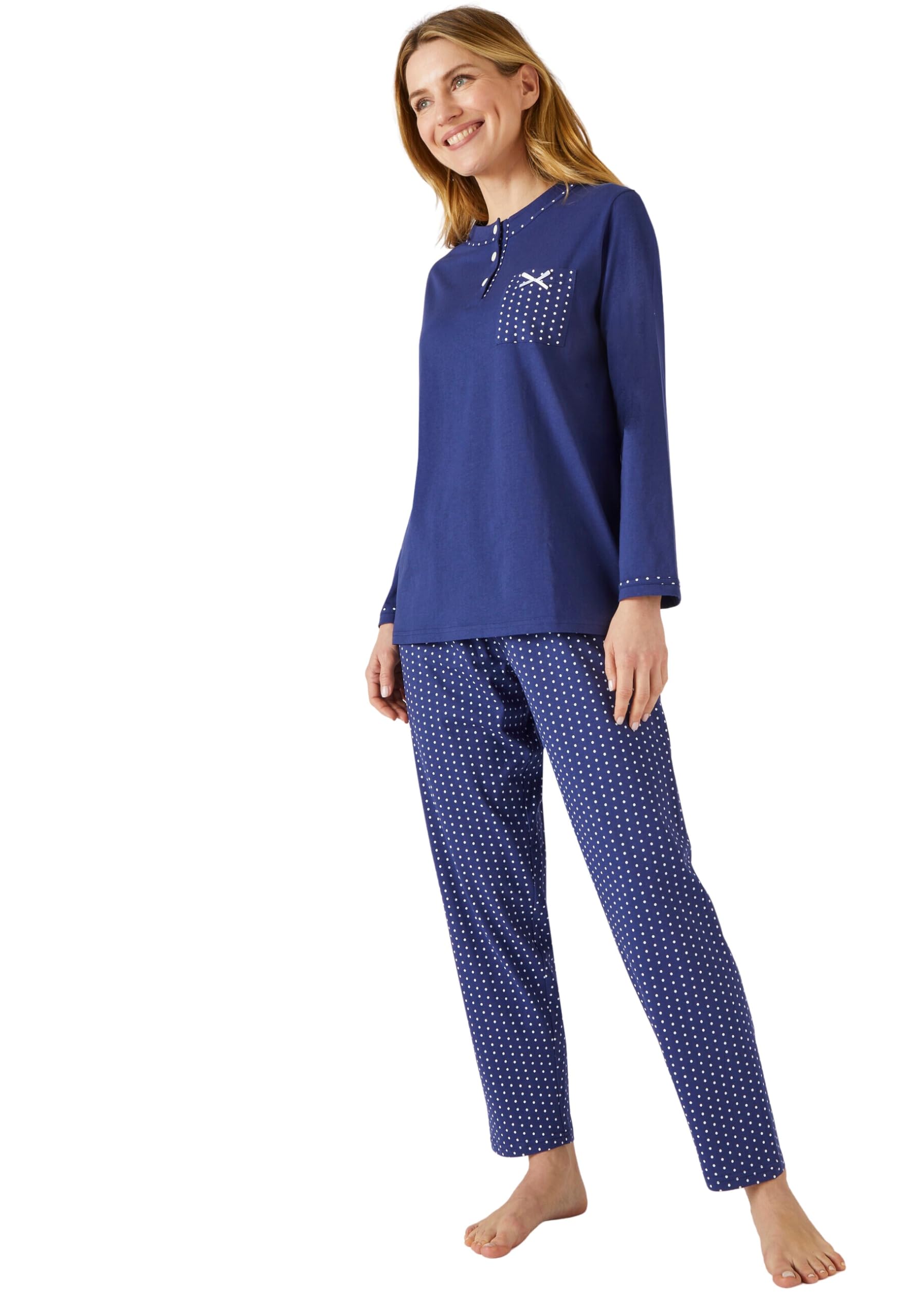 Damart Blue Cotton Pyjama Set - Tunic Top & Spot Print Bottoms - L