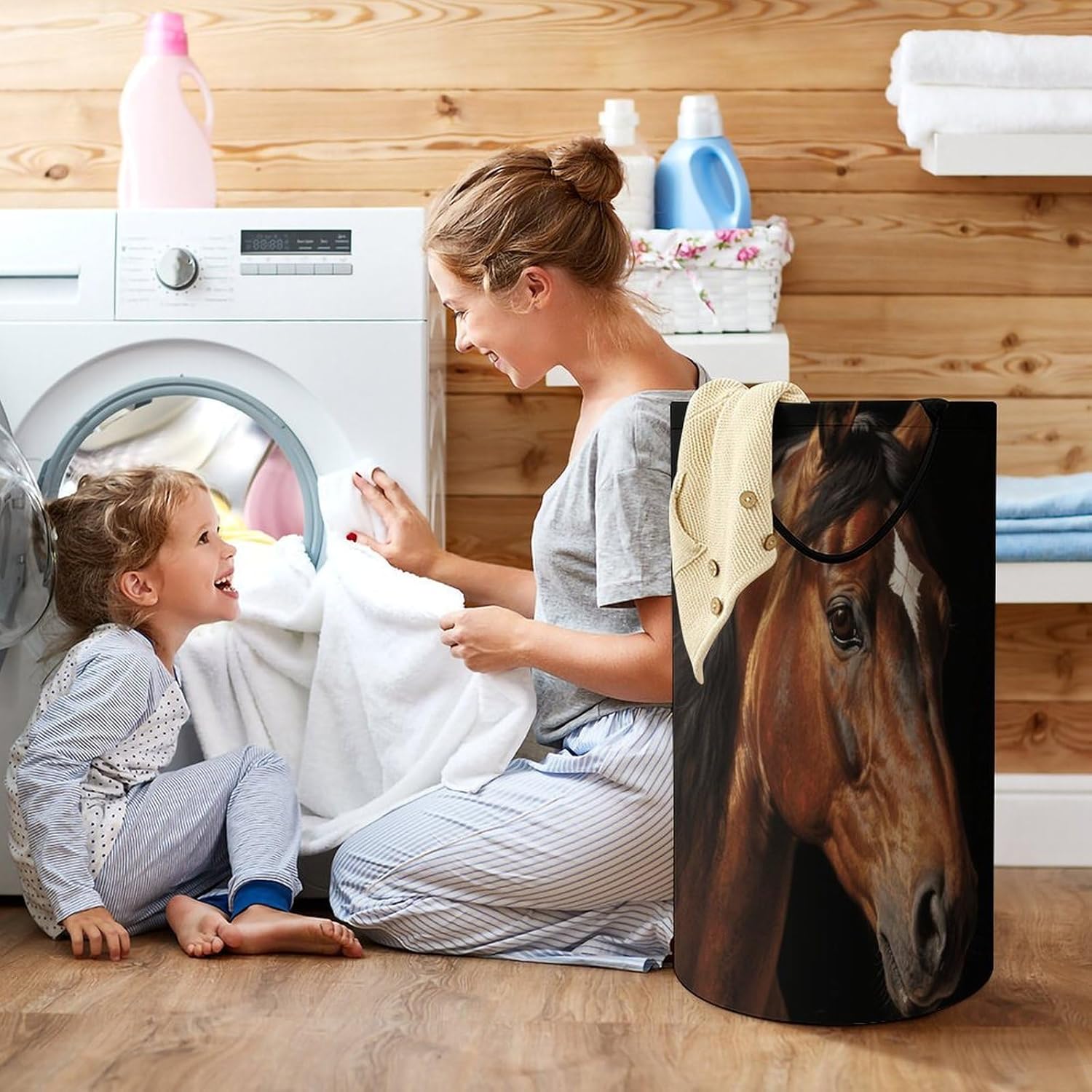 Brown Horse Laundry Hamper Large Capacity 15.7x27.2 Inch, Collapsible Dirty Clothes Basket with Handles, Foldable Storage Bin Laundry Basket for Bedroom Bathroom Dorm