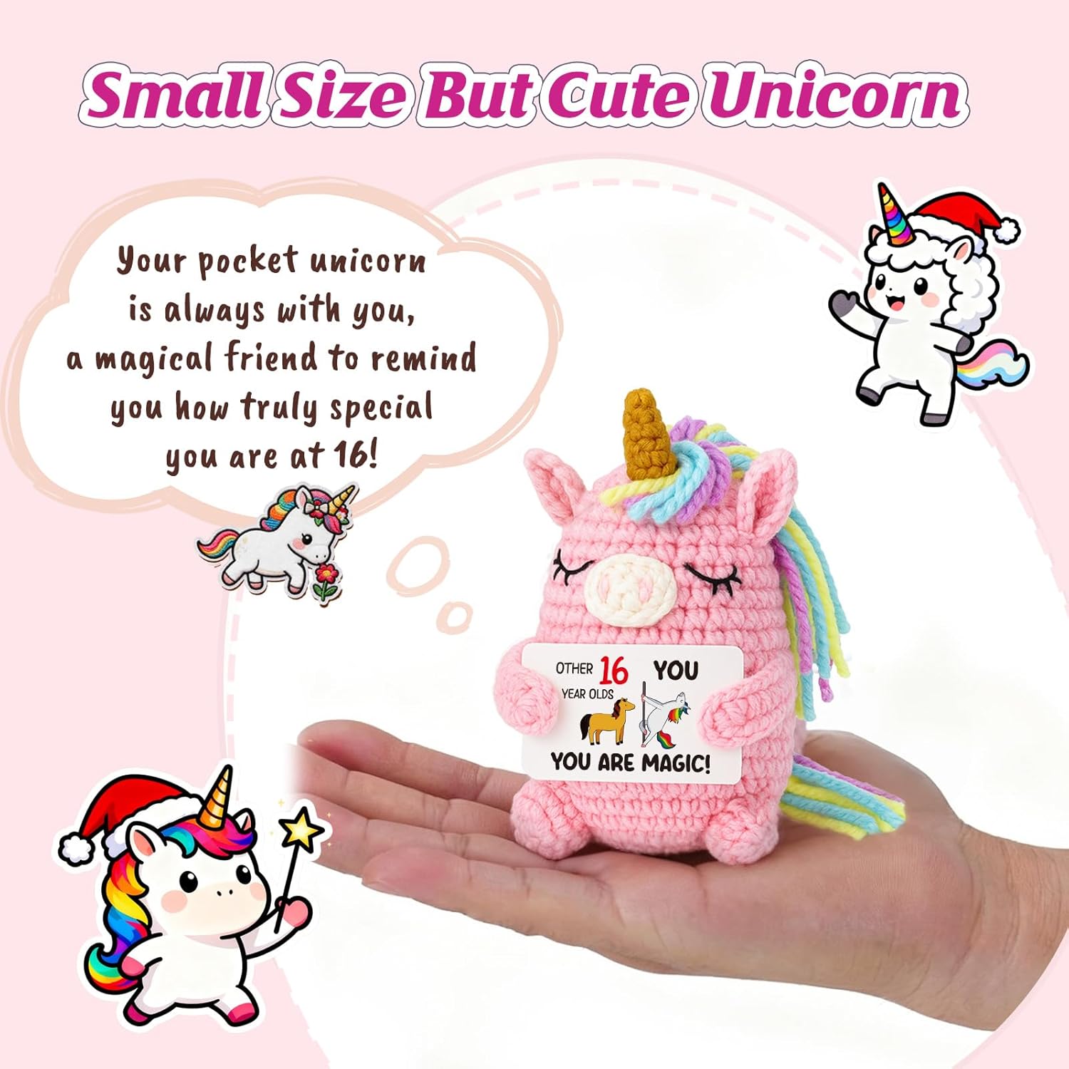 16th Birthday Gift for Girl — Pink Crochet Unicorn 4", Handmade Amigurumi Plush, “You are Magic” Card, Cute Stuffed Animal Desk Decor for Teen Daughter Granddaughter Niece - Image 2