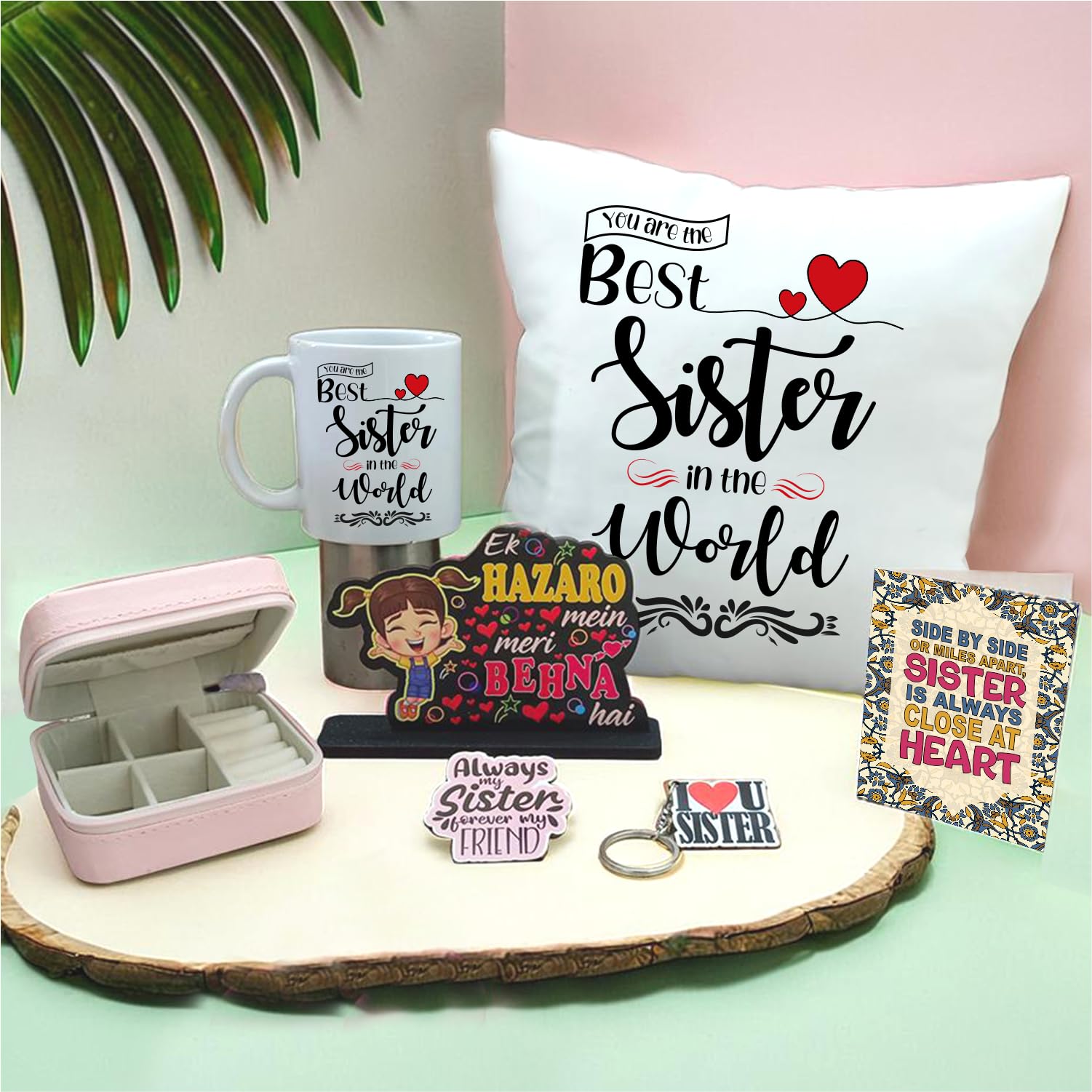 PICRAZEE Gift Combo for Sister – 12" Cushionwith Filler, Ceramic Mug, Jewellery Box, Table Standy, Keyring, Fridge Magnet & Greeting Card | Birthday/Rakhi Gift-image-38