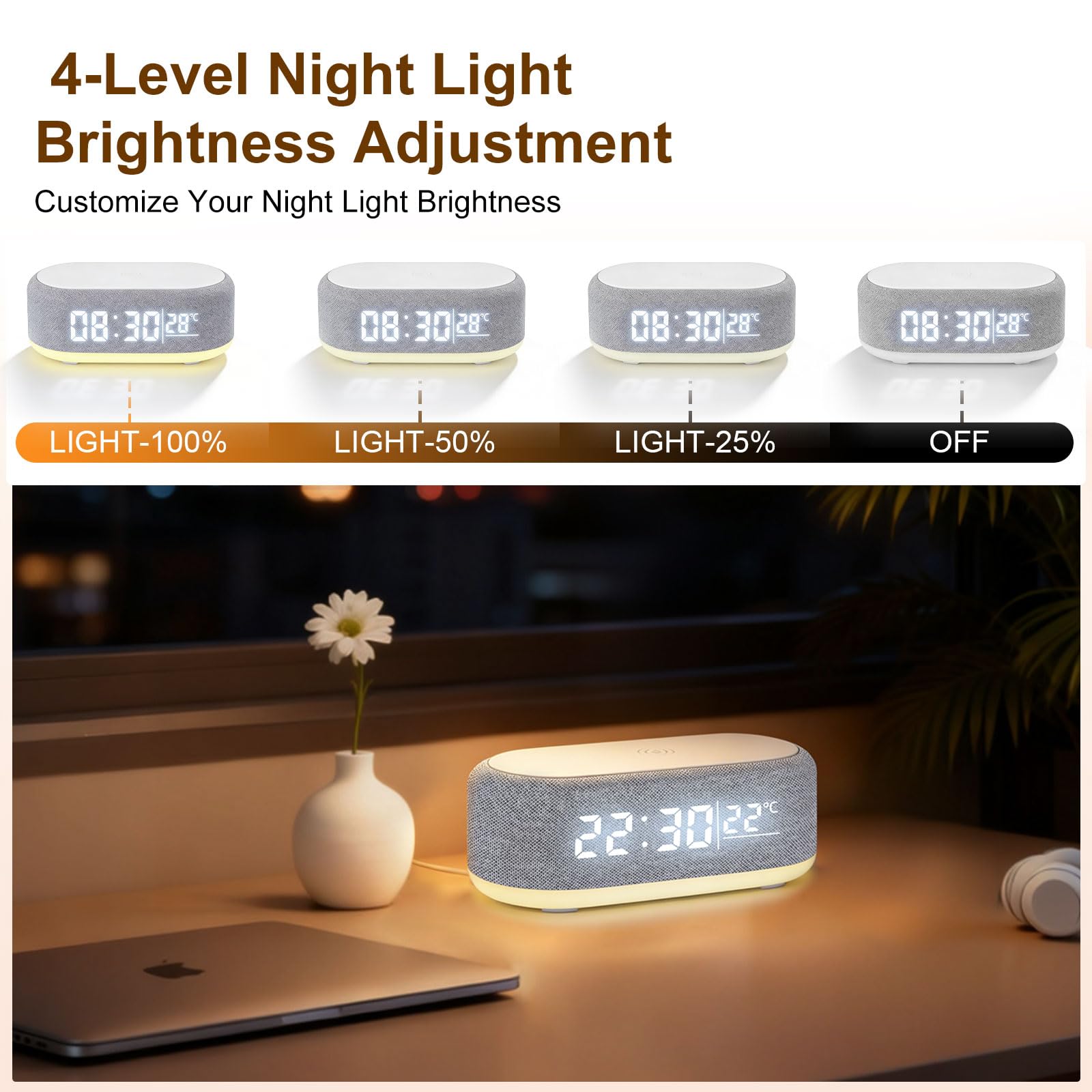 4 In1 Smart Wecker, Digitaler Tischwecker mit Licht und Ladestation, Radiowecker mit Ladefunktion & Temperaturanzeige, Helligkeit regelbar, ABS Tischuhr für Schlafzimmer Schreibtisch