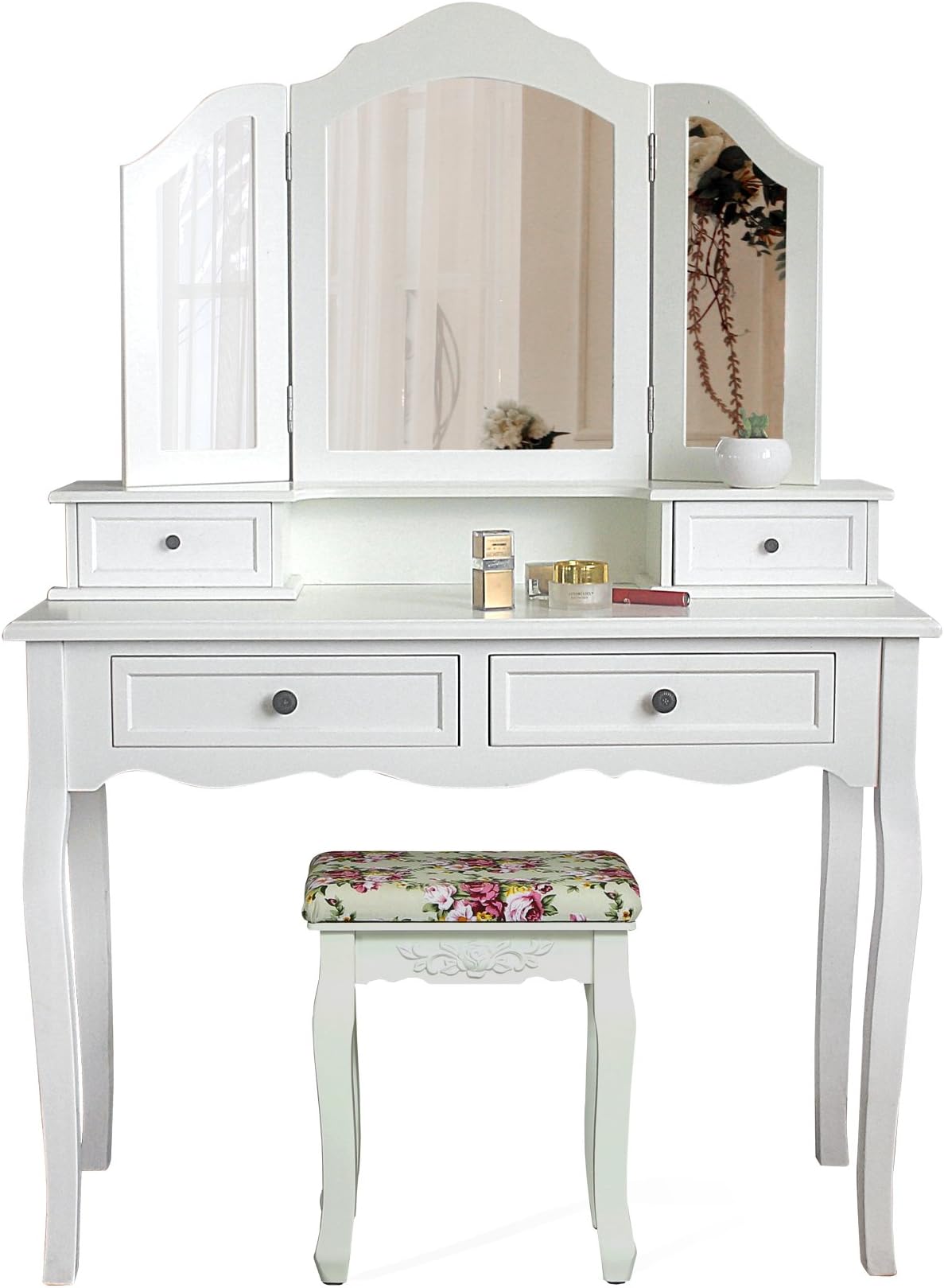 CLOUD SPACE Dressing Table Set »Irene« with Tri Folding Mirror Vanity Makeup Desk, Rose Pattern Cushioned Stool, 4 Drawers,Color:White