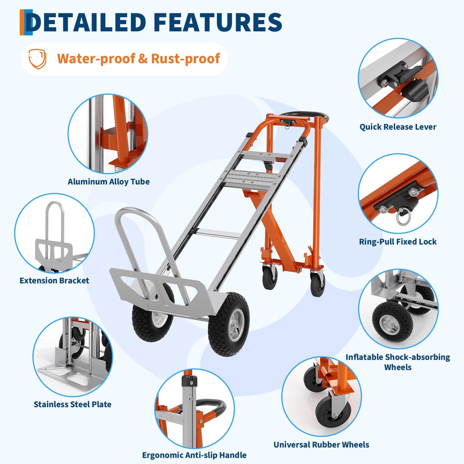 4-in-1 Schwerlast-Plattformwagen aus Aluminium – 1000 kg Tragkraft – Klappbar & vielseitig – Ideal für Haushalt, Lager, Büro, Logistik – Mit Rollen – Farbe: Orange