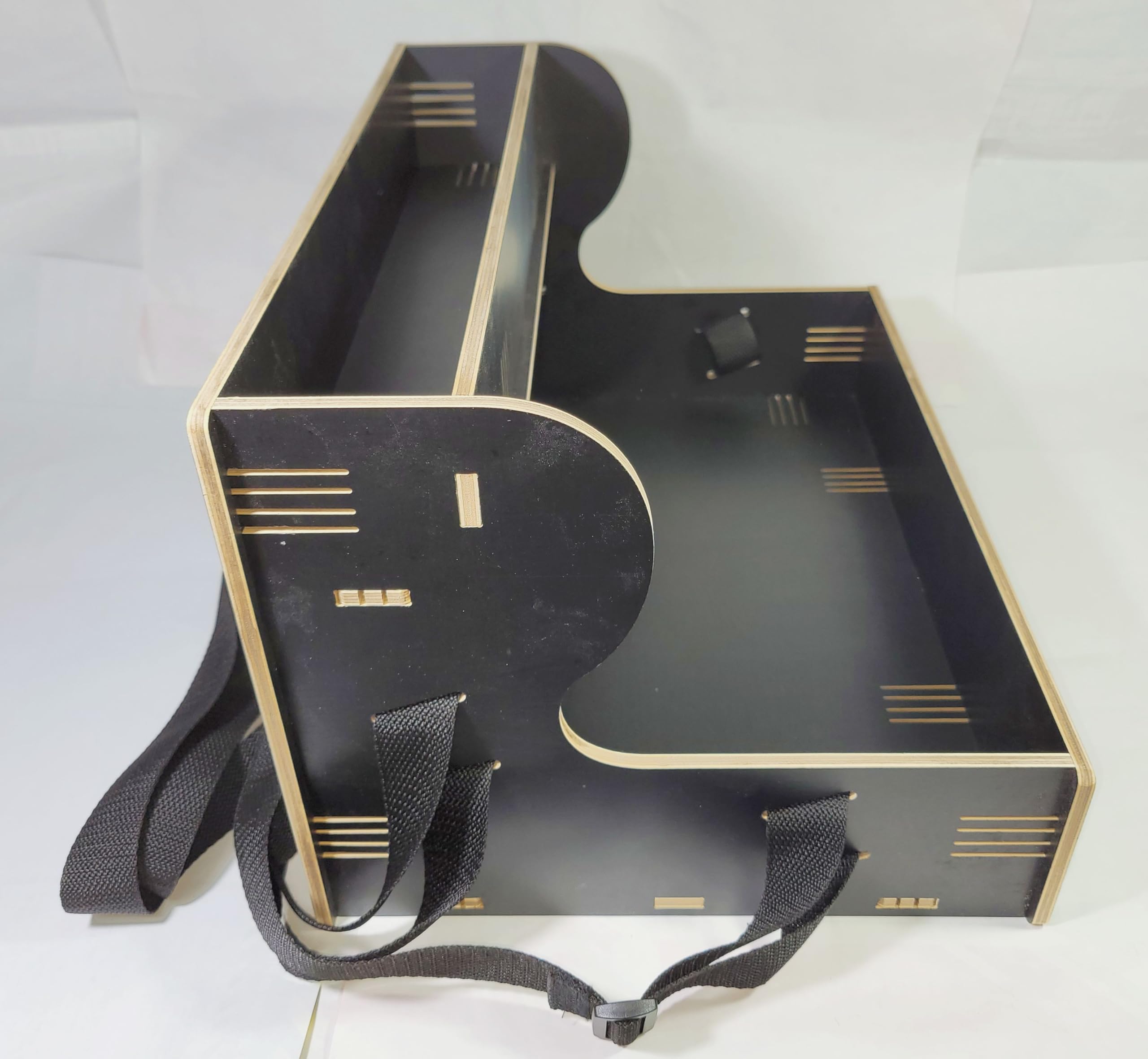 Nostalgie Holz Bauchladen schwarz/dunkelbraun mit Oberlade 2 Gurte JGA Fete Catering 42 cm x 30 cm mit schwarzen Tragegurten