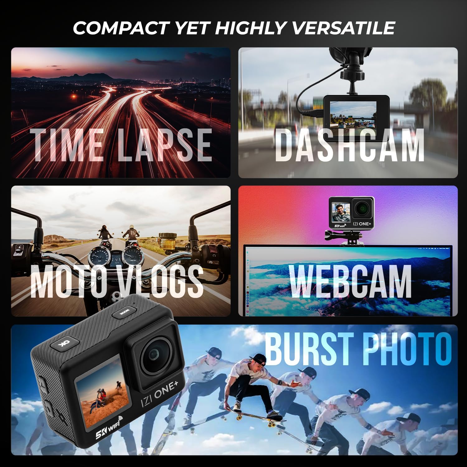 Collage of images showing different shooting modes: Time Lapse, Dashcam, Moto Vlogs, Webcam, Burst Photo