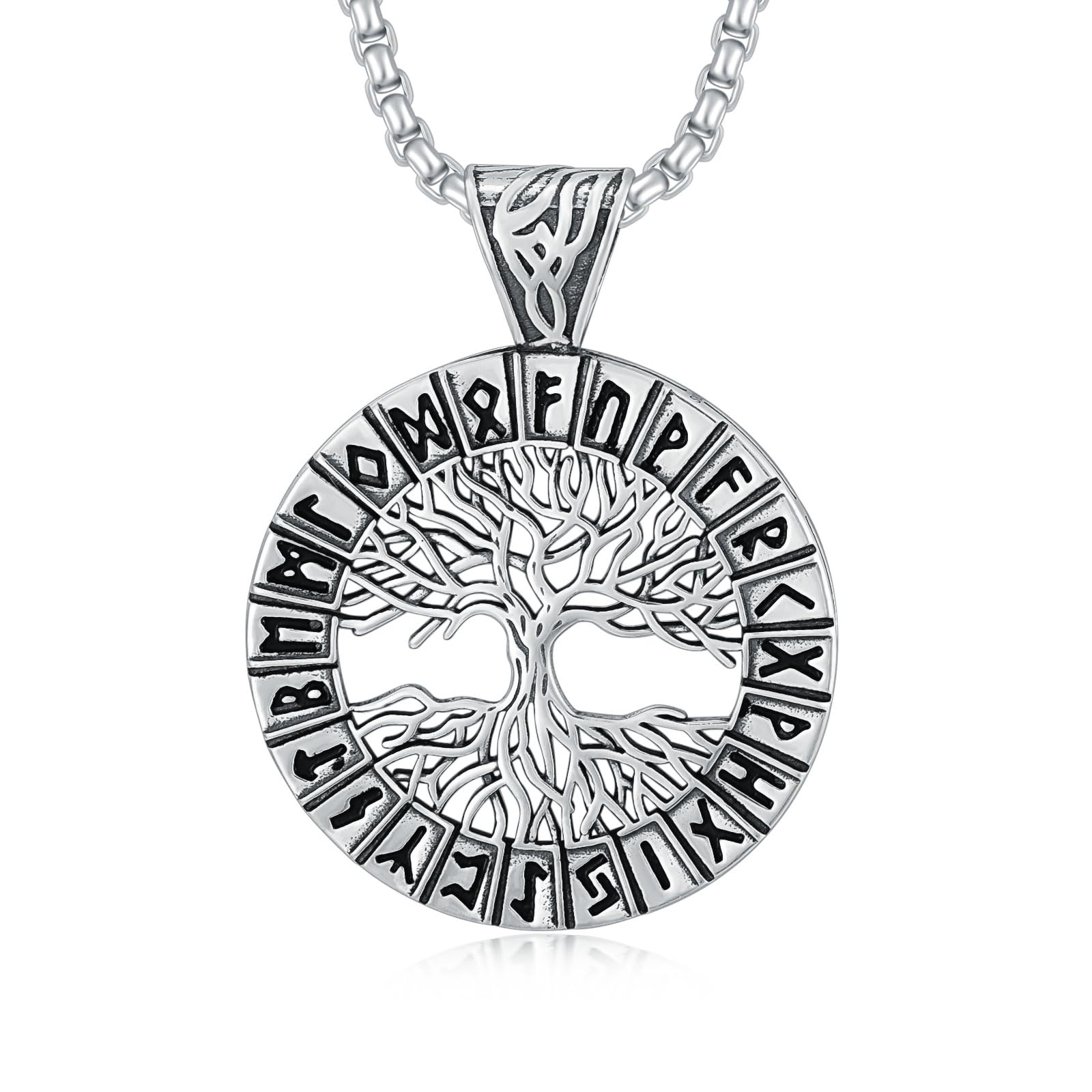 Swordgod Tree of Life Necklace 925 Sterling Silver Viking Tree of Life Pendant Necklace for Men Women Nordic Runes Necklace Viking Talisman Protection Amulet Tree Family Jewelry Christmas Xmas Gifts