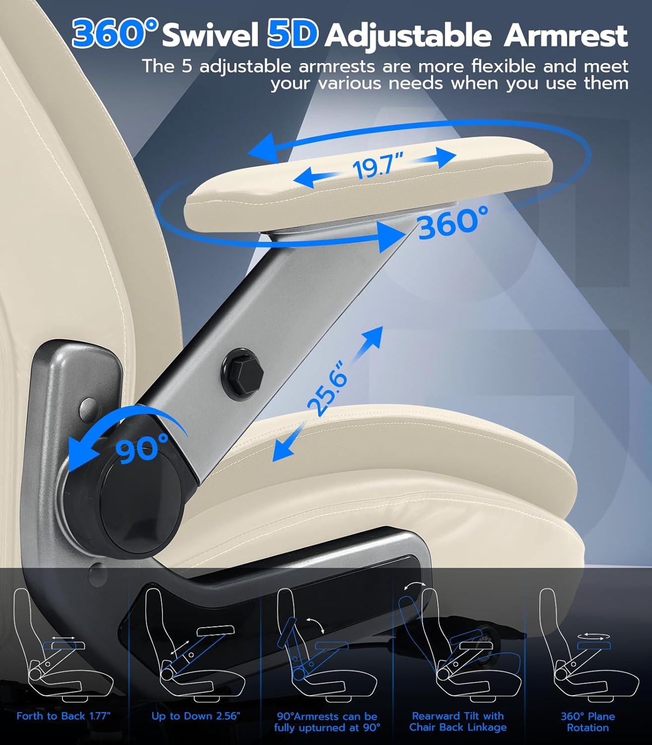 Big and Tall Office Chair with 5D Arms, Fabric and PU Leather Ergonomic Executive Home Office Chair with Adjustable Lumbar Support, Heavy Duty Desk Chair with 3'' Silent Casters (Elegant Beige)