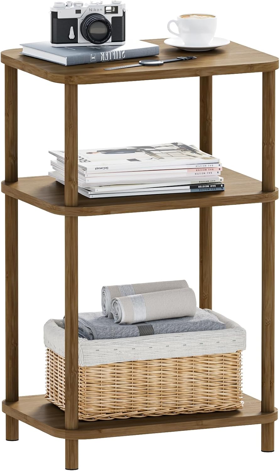 Condition photo showing New/Like New for bamboo end table, side table for small space with storage shelf, small table stand, narrow wooden bedside table nightstand, toolless assembly, for nursery, living room, bedroom, brown