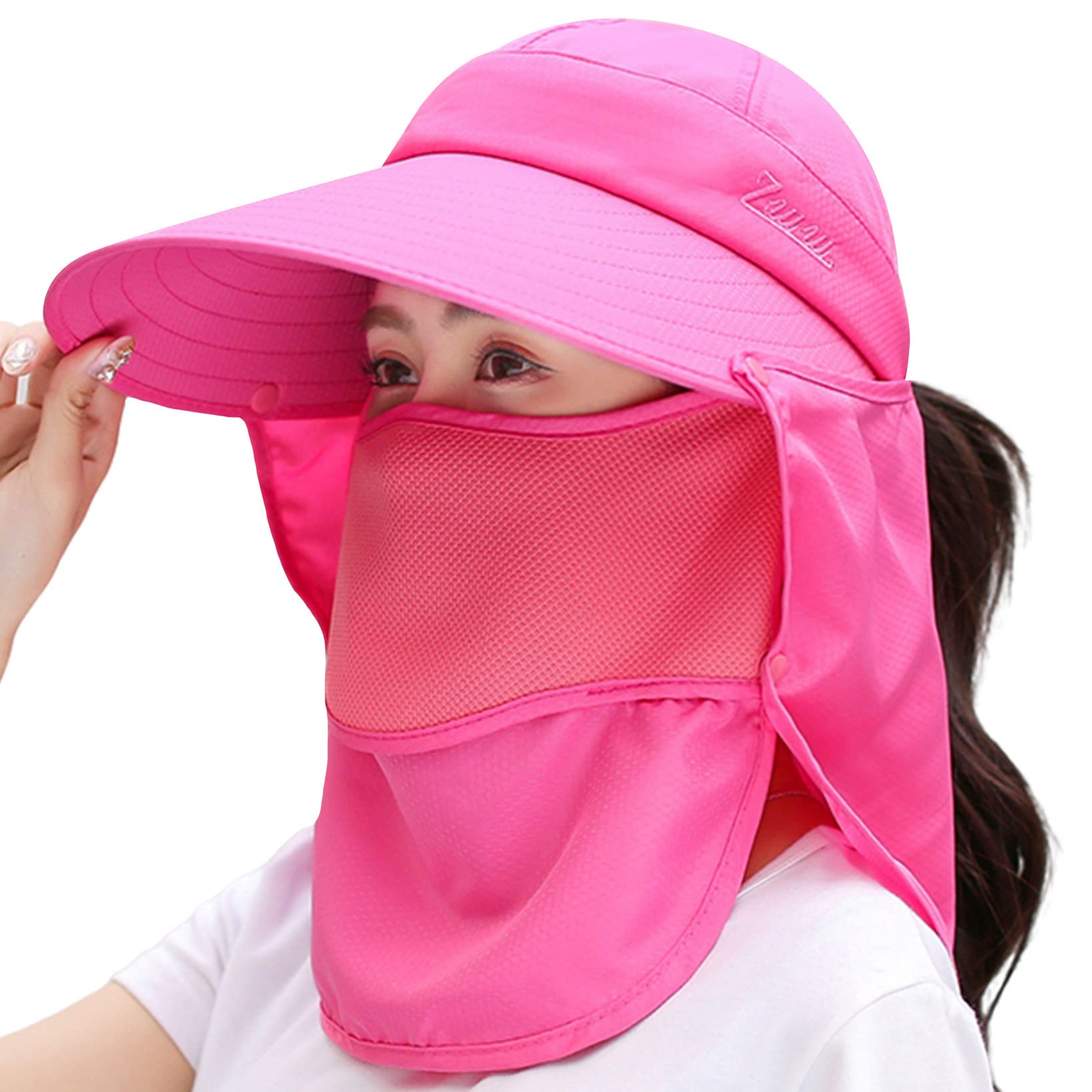 HUAMULAN Women Summer Hat Garden Travel Sun Wide Brim UV Protection Fishing Hats Foldable Ponytail Neck Face Flap, A7-shun005-meihong, One Size — image 1