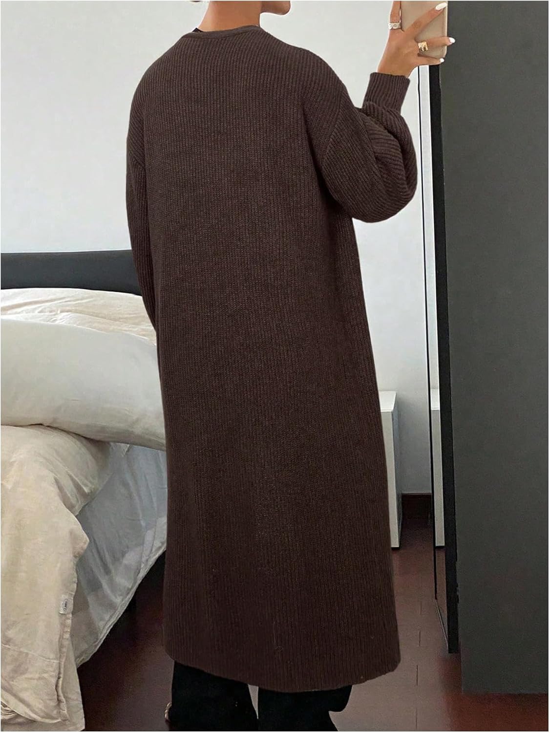 SweatyRocks Women's Open Front Long Duster Cardigan Sweater Cozy Lightweight Soft Knit Outerwear Coffee Brown Large - Image 3