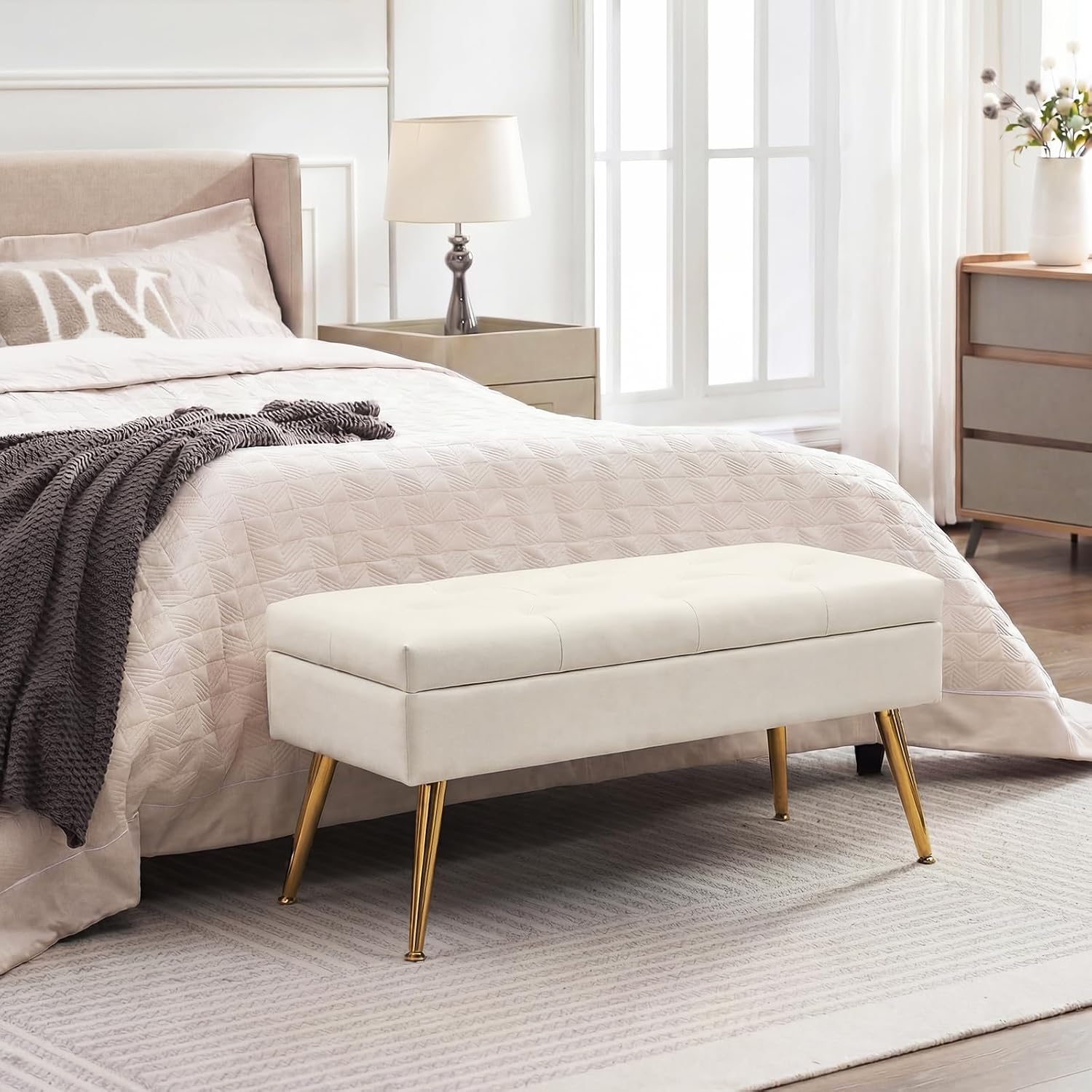 SNOWDROP 31.5" Storage Bench – White Upholstered End of Bed Bench with Gold Metal Legs, Elegant Faux Leather Ottoman for Bedroom, Entryway, Wardrobe & Living Room