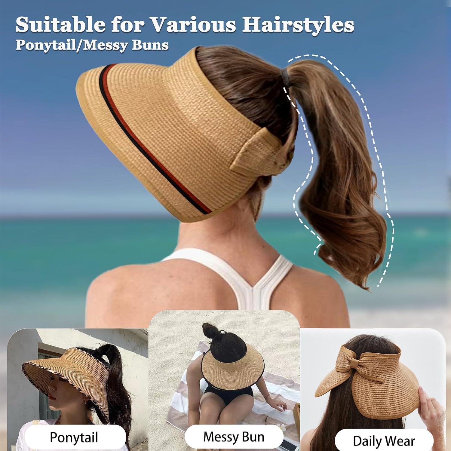 Women's Sun Visor Hats Wide Brim Straw Beach Hat Ponytail Hats for Women Foldable Floppy image 3