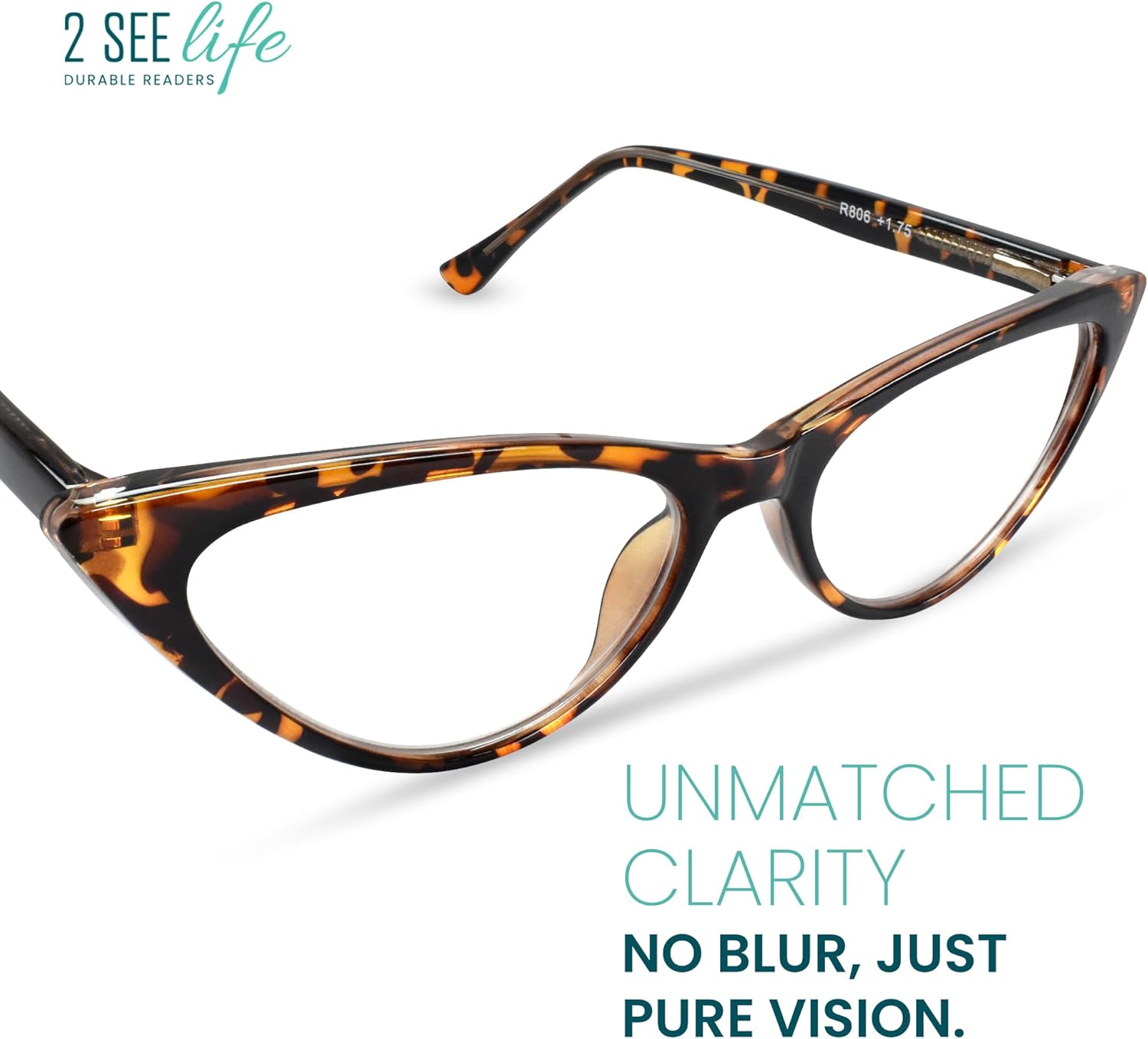 2SeeLife Small Cat Eye Reading Glasses for Women – Narrow-Medium Fit, Sturdy Frame, Spring Hinges, Premium Funky Readers, Brown Tortoise, +2.00