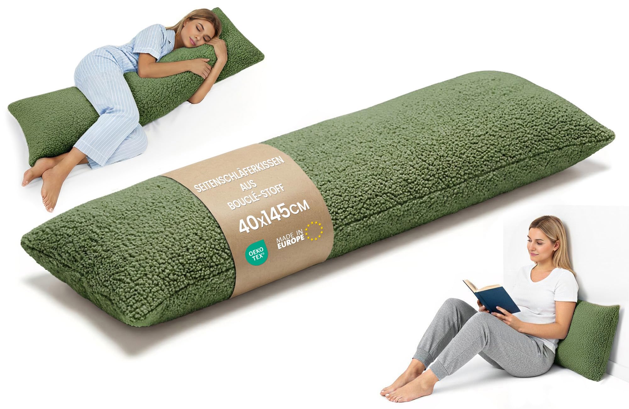 Totsy Baby Almohada Larga de Cuerpo 40x145 cm para Dormir de Lado – Body Pillow ergonómica Funda Bouclé Suave Transpirable desenfundable – Certificado Oeko-Tex Verde Oliva