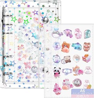 Ｈ・Ｋ シール帳 A6 星柄 透明バインダー はがせる シール台紙 リフィル20枚 3Dシール2枚付 推し活 コラージュ 手帳収納 [並行輸入品] | A6サイズ対応の透明バインダー型シール帳。リフィル20枚と3Dシール2枚付きで、シールの収納・交換・コレクション整理や推し活、コラージュを楽しくサポートします。