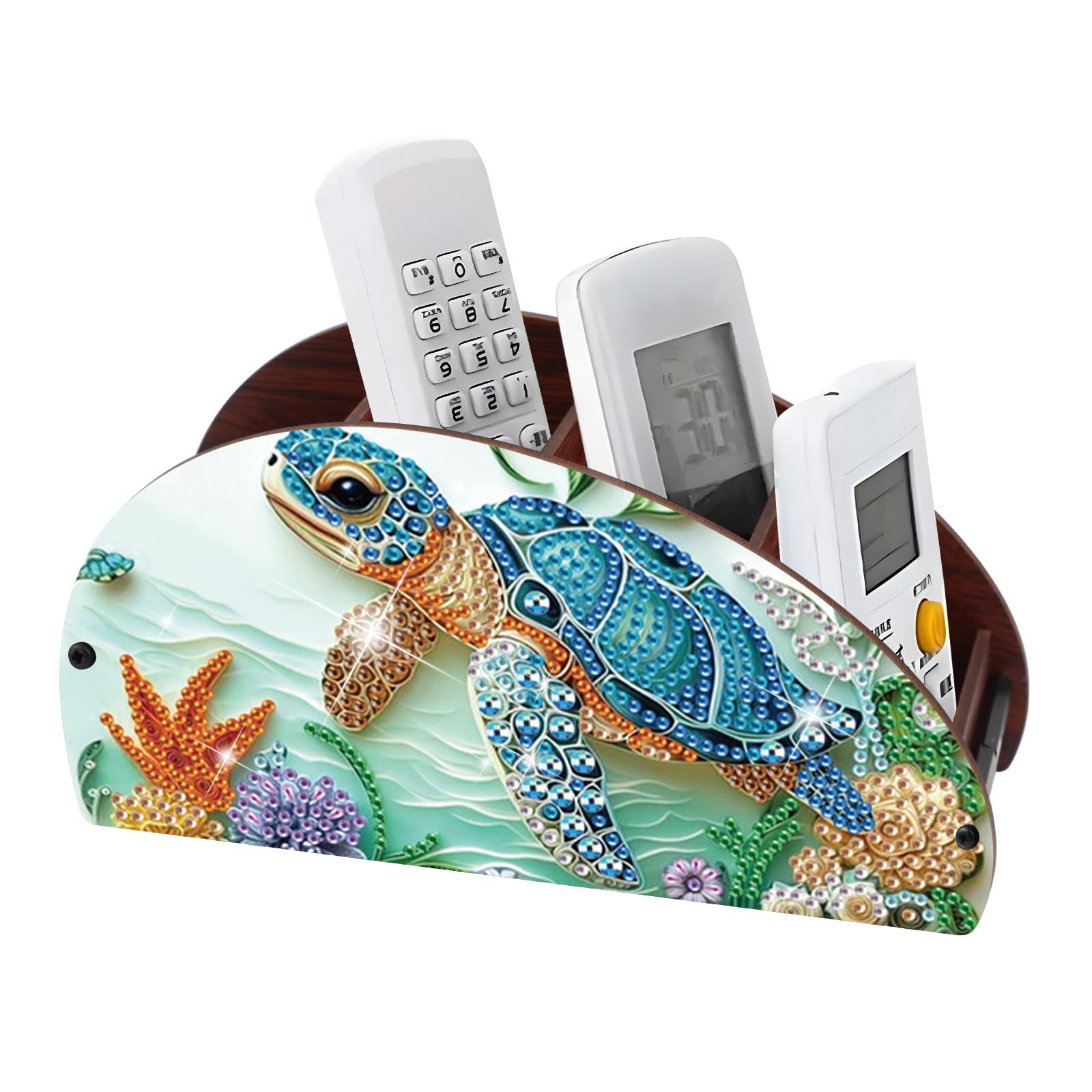 DIY Diamond Painting Storage Box, Sea Turtle Design 5D Rhinestone Diamond Art Case Multi-Compartment Wooden Tabletop Organizer for TV AC Remotes Makeup Brushes Pens Desktop Craft Storage