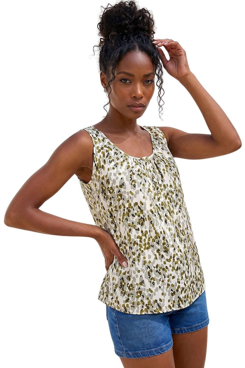 Roman Women's Khaki Abstract Spot Print Button Vest In | : Size 18