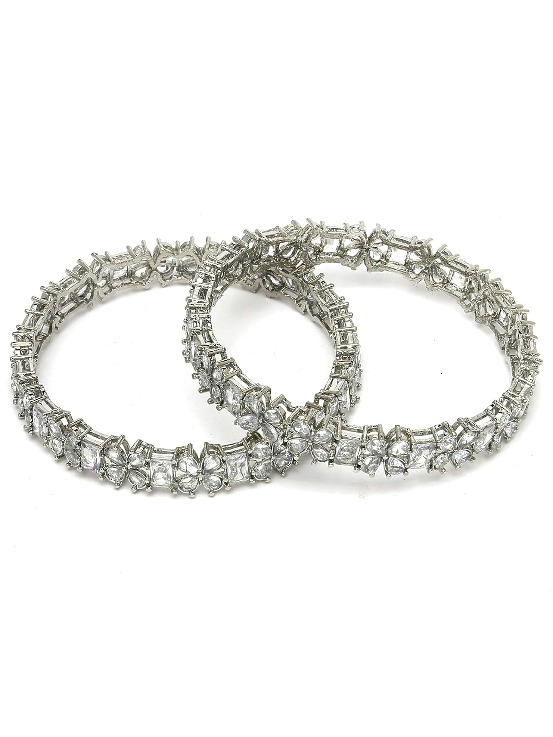 Karatcart Set of 2 Silver Plated American Diamond Studded Floral Bangles for Women