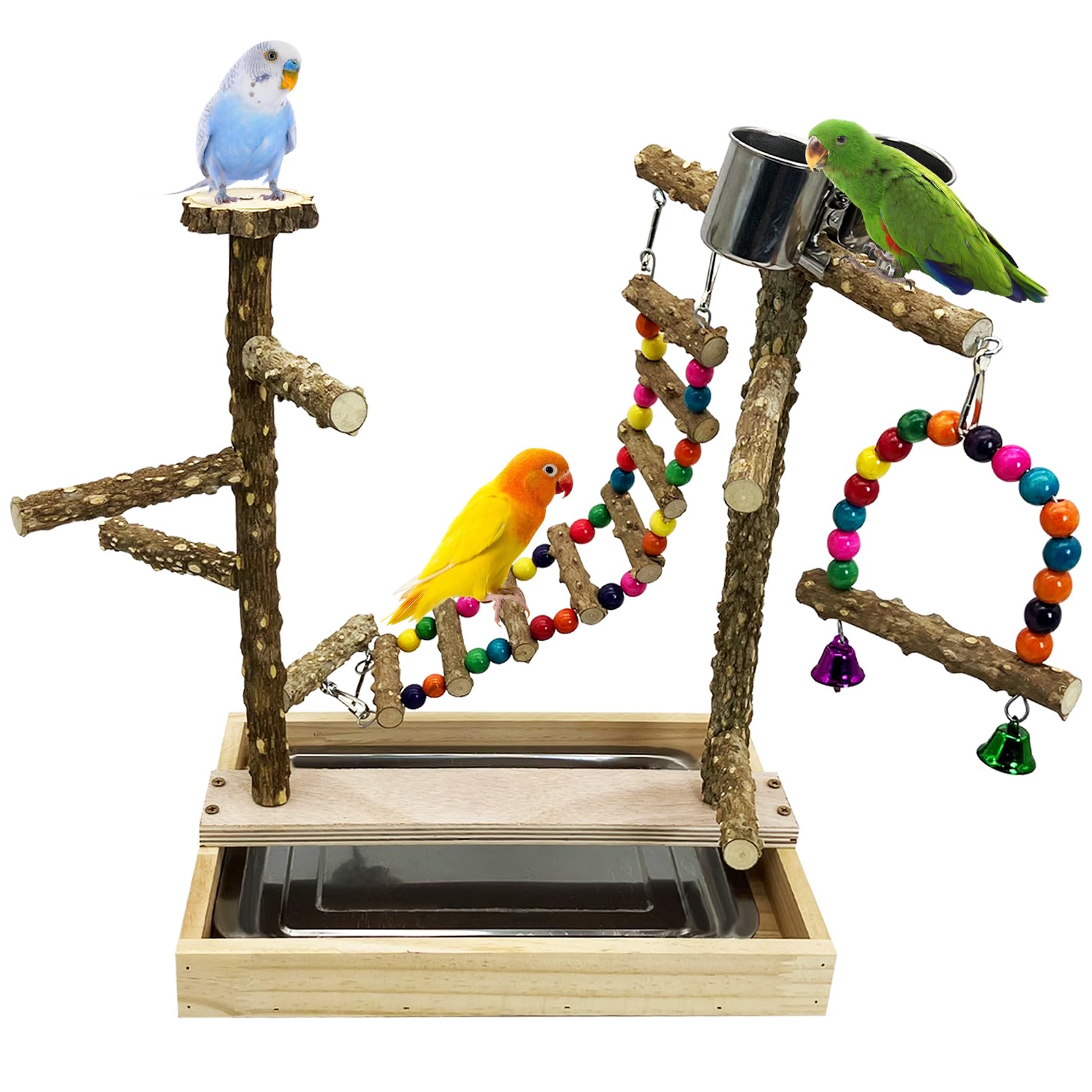 Tfwadmx Bird Playground Natural Wood Bird Play Stands Parrot Perch Stand with Removable Tray Climb Ladders Swing Chewing Toys for Lovebirds Cockatiels Budgies