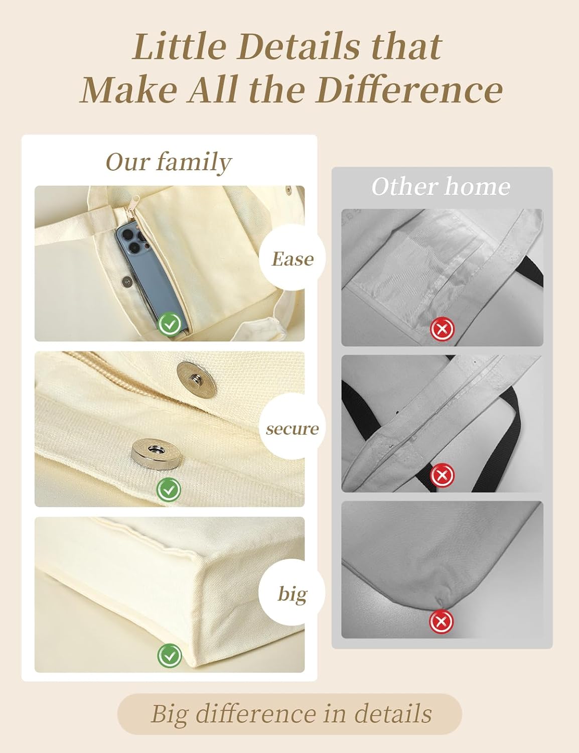 AUSVKAI Canvas Tote Bag Aesthetic for Women, Cute Reusable Bags with Pockets & Snaps for Beach Shopping College Gym Grocery - Image 5