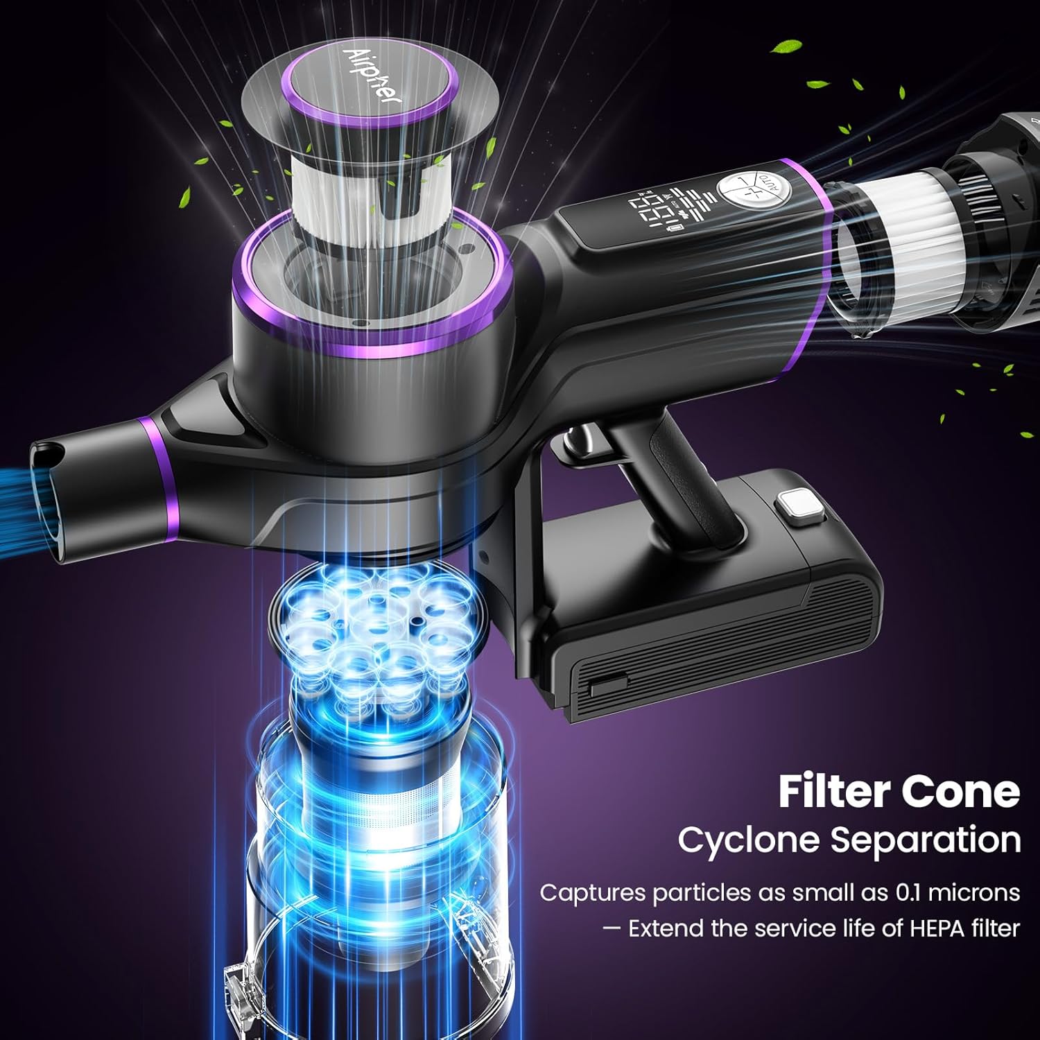 Airpher K25 showing the dual HEPA filtration system and cone cyclone separation.