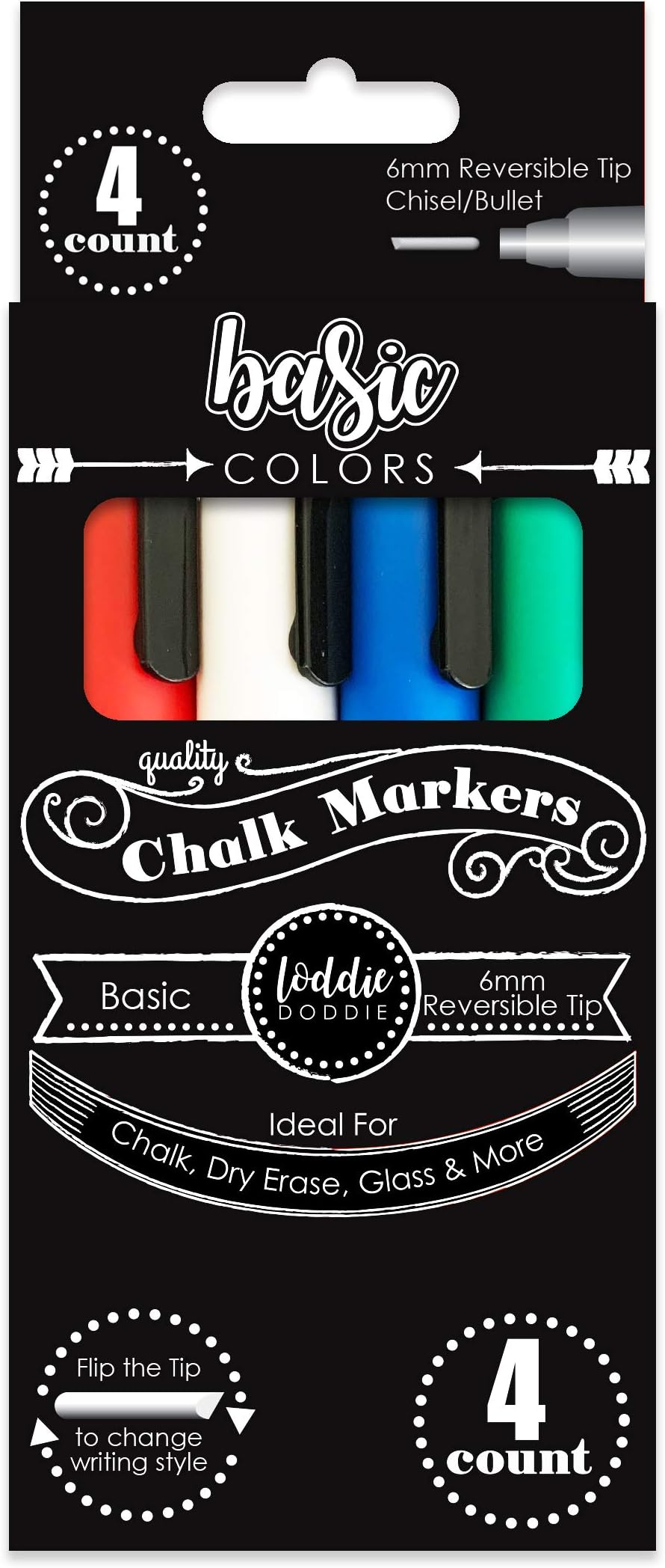 Loddie Doddie Liquid Chalk Markers - Pack of 4, Basic Colors, 6mm Tip - Washable Window Markers - Erasable Pens for Chalkboard Calendar - Fine Tip Chalk Pens for Precision Details