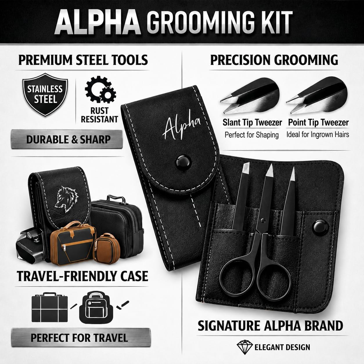 Alphoria Professional Stainless Steel Tweezer Set with Curved Scissors, Precision Eyebrow Tweezers for Facial Hair, Splinter & Ingrown Hair Removal, Leather Travel Case, Grooming Kit for Men & Women