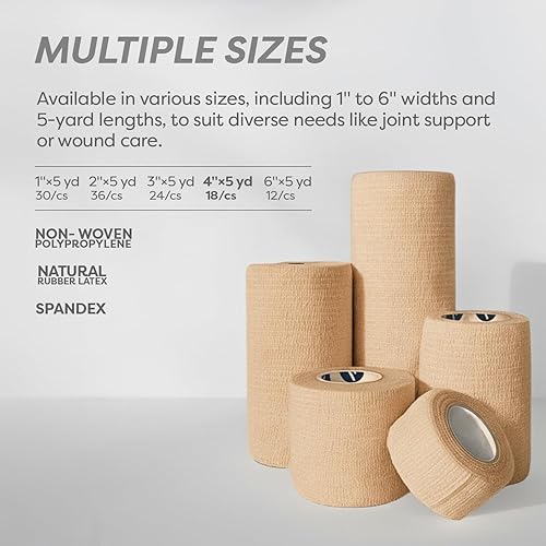 Miniatura 3 de Dynarex Sensi-Wrap - Vendajes autoadhesivos, paquete de 18, 4 pulgadas x 5 yardas, bronceado, látex, cinta atlética cohesiva elástica de color,