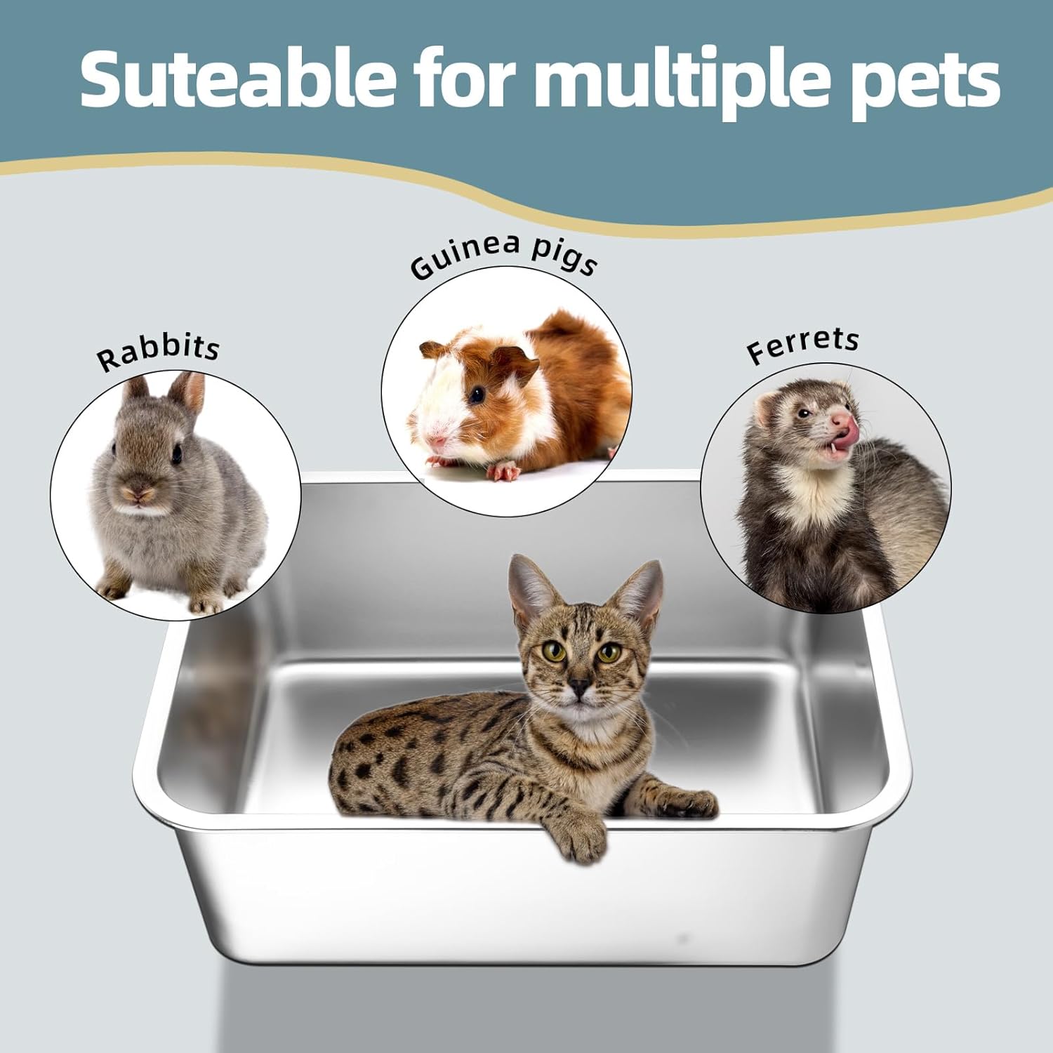 Stainless Steel Cat Litter Box - Large Metal High-Sided Pan for Cats, Pets, Non-Stick, Odor-Free, Easy to Clean, Splash-Proof, Durable (23.6 L x 15.8 W x 6 H)