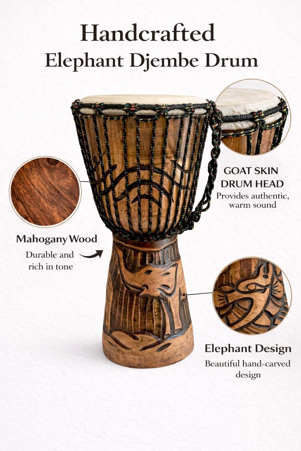 JIVE Djembe Drum African Bongo Congo Wood Drum Deep Carved Solid Mahogany Goat Skin Professional Quality 16" High (Elephant)