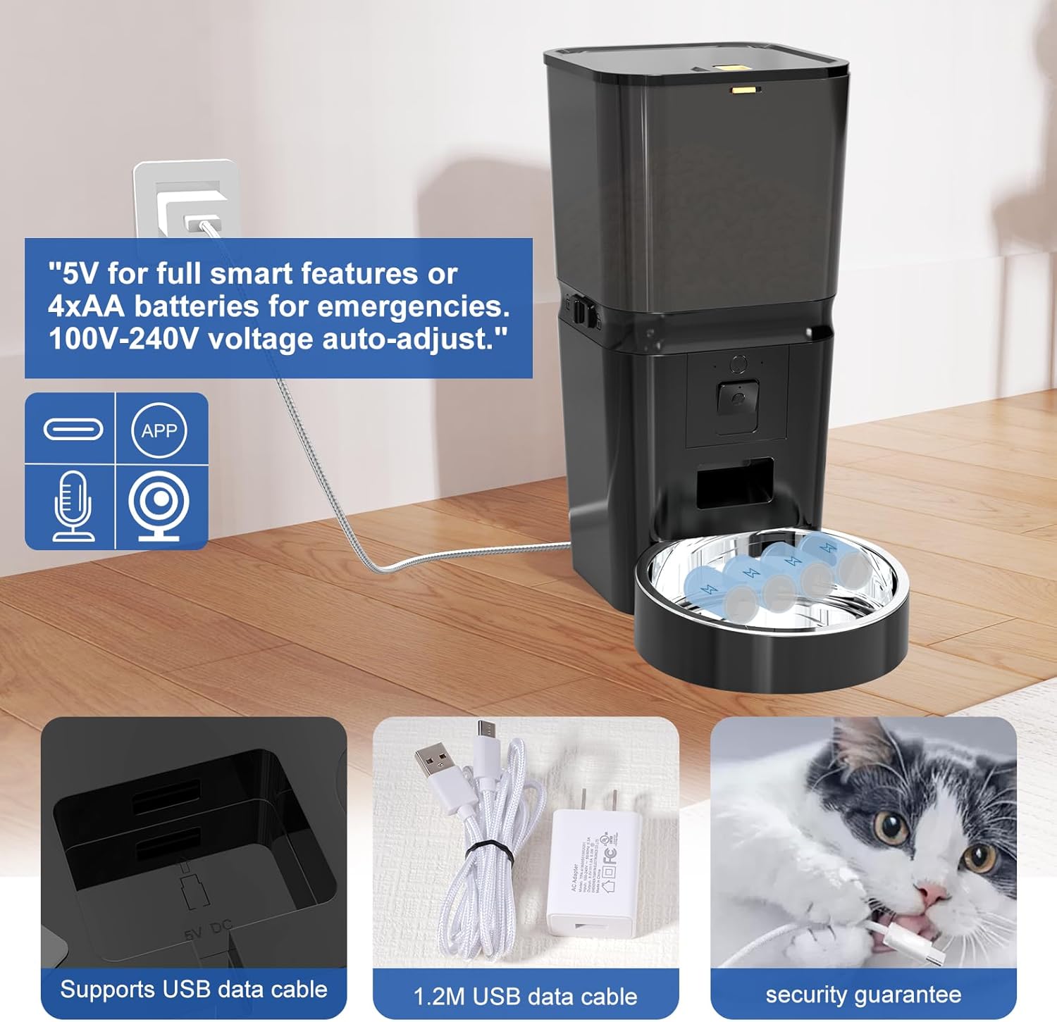 Automatic Cat & Dog Feeder with Camera, 6L Smart WiFi Pet Food Dispenser for Small Pets - Timed Feeding App, Battery Backup, Voice Recorder, Night Vision & Portion Control