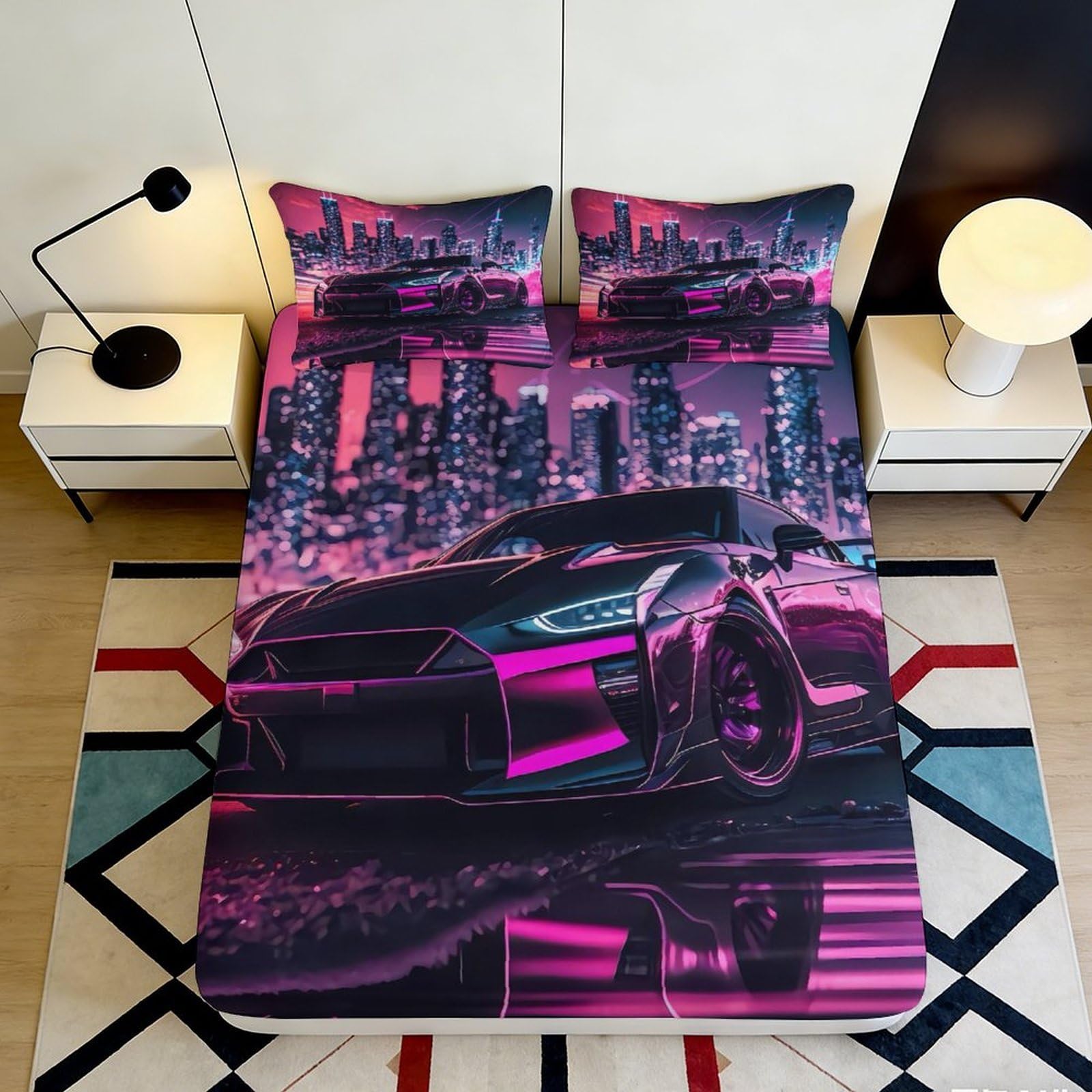 3D Printed Neon City Night Car Fitted Sheet Microfiber Soft Mattress Cover for Bedroom Dorm Apartment Decor 180x200x25cm
