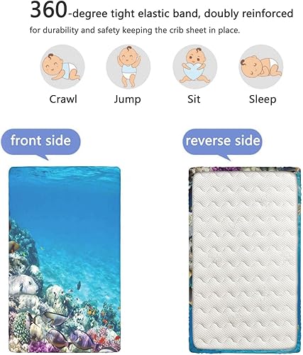 Miniatura 5 de Sábana bajera ajustable para cuna con temática oceánica, sábana bajera estándar para cuna, material ultra suave, sábana de colchón para cuna o