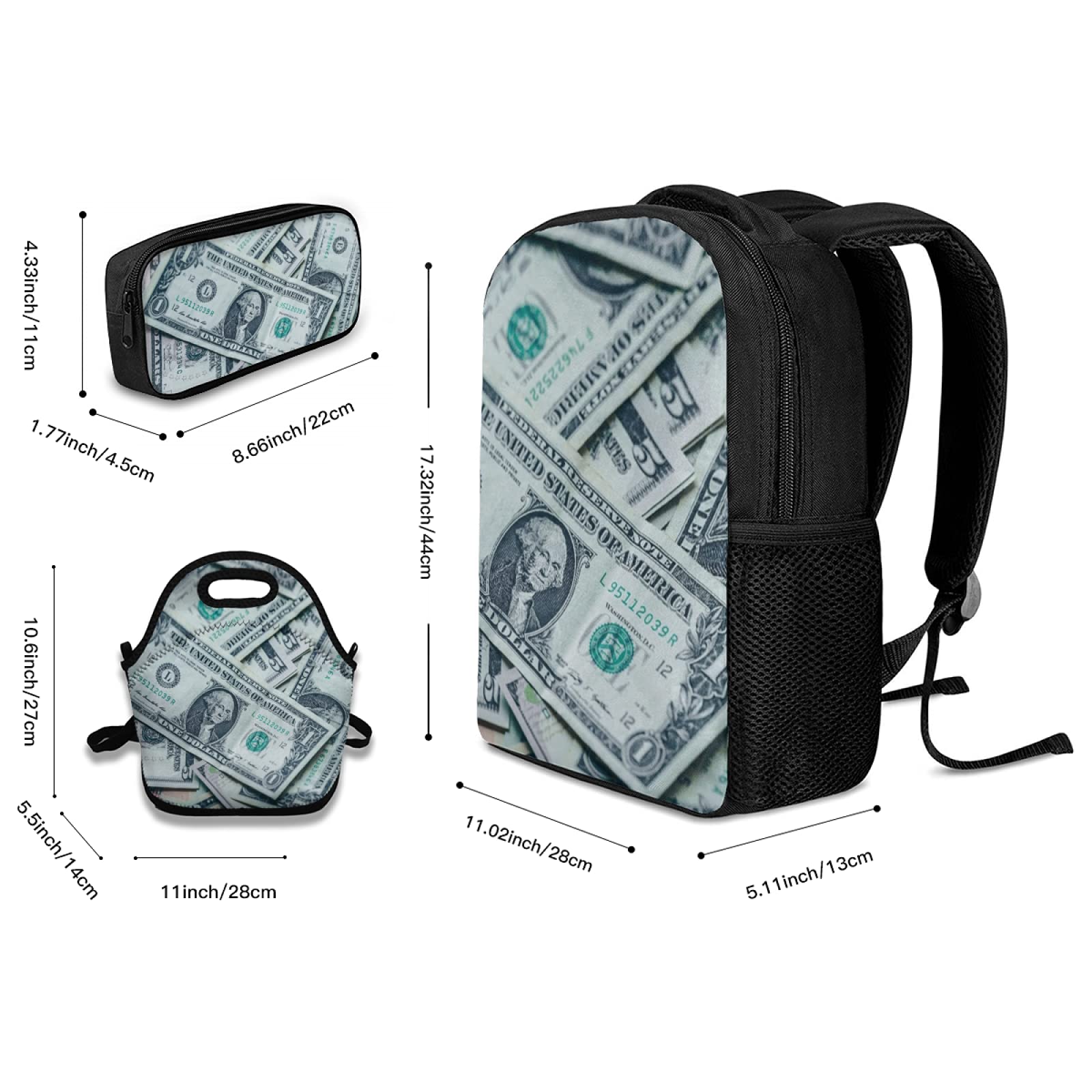 Juego de mochila escolar, billetes de banco de abundancia, billetes de dólares estadounidenses, con bolsa de almuerzo y estuche para lápices, para niñas, niños, adolescentes, bonita mochila escolar