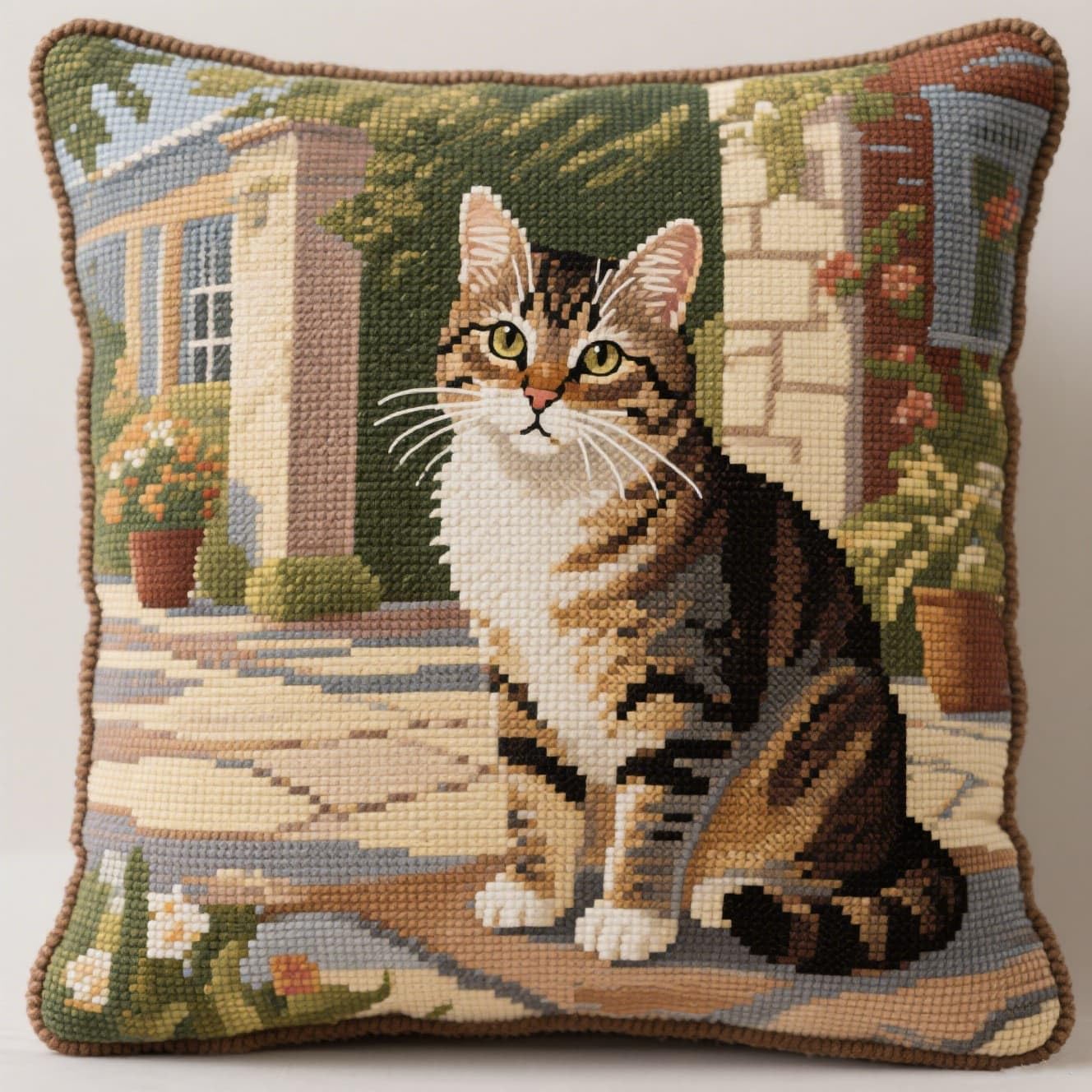 AMBATTERY Kit Punto Croce per Cuscino, Gatti nel cortile degli animali Punto Croce Kit da Ricamare Principianti 45x45cm Cuscino Ricamato a Mano Fai da te per Arredamento Casa