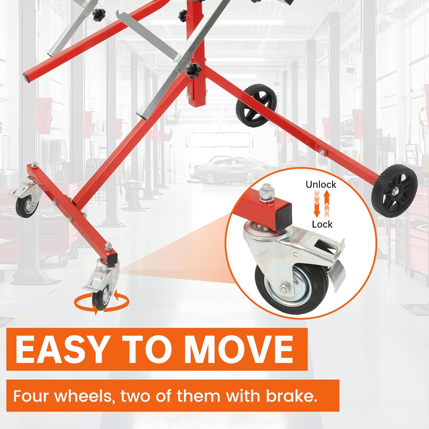 180° Rotating Paint Stand Universal Spray Panel Stand Drying Rack Wheels w/Brakes For Bumpers, Hoods, Wings, Garages, Body Repair Tool Steel Red & Silvery Powder Coated & Galvanized