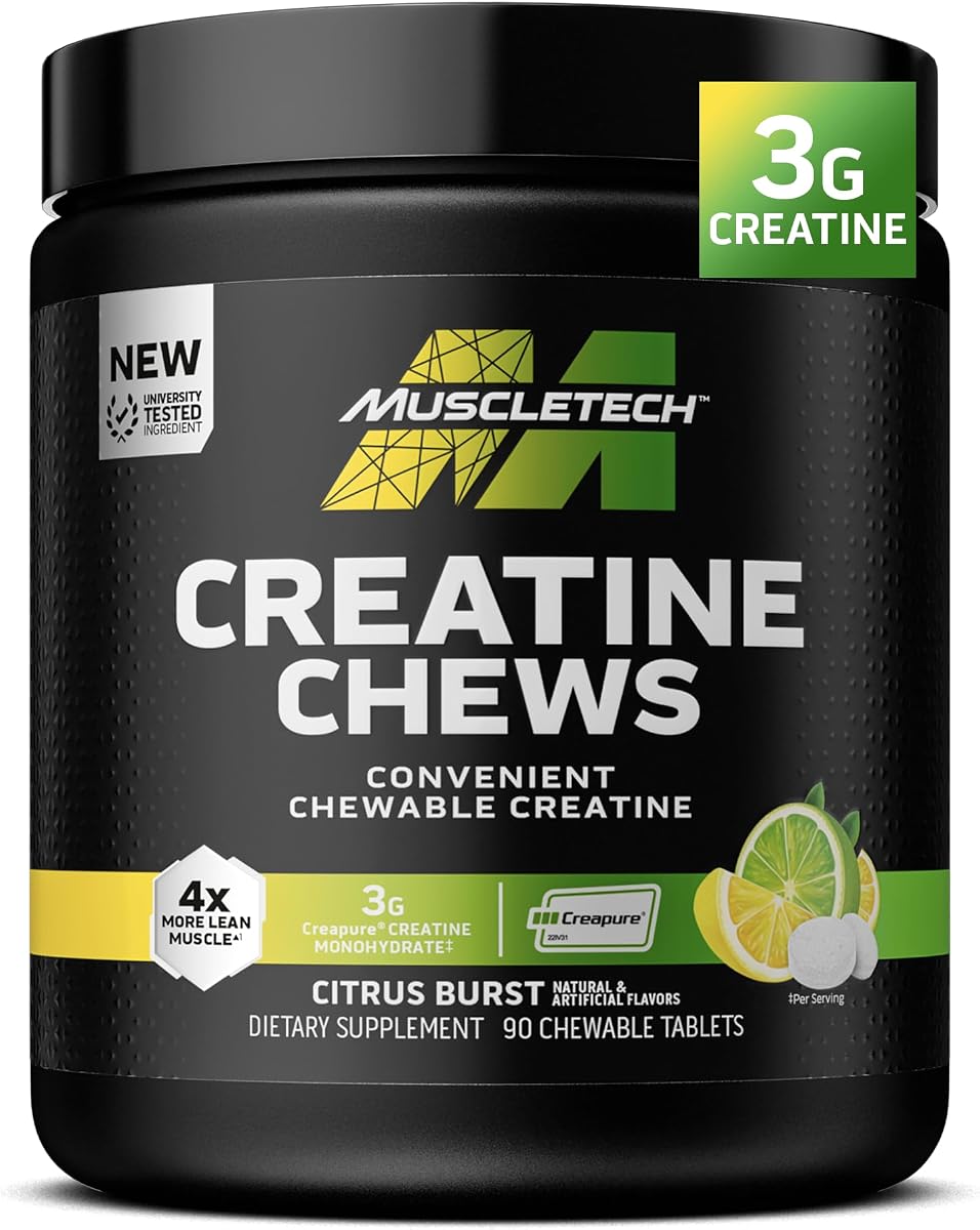 MuscleTech Creatine Chews, Citrus Burst, 90 Chewable Tablets | Creapure Monohydrate Supplement for Muscle Recovery, Muscle Builder, & Energy Boost - Pre Workout Supplement for Men & Women